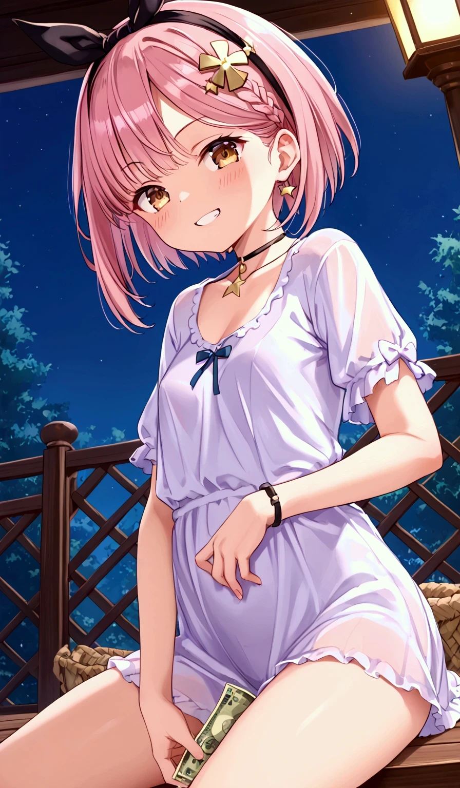 throw, high resolution, (mixed wrestling), girl is victory, girl is winner, (The girl is sitting on a silver fence )、 Very young Liza 、 Atelier Ryza , (the girl is Dwarf size), four-headed body、((Arrogant attitude))、( mesugaki ), princess、grin, Oversized transparent white t-shirt , the girl is young, short, the girl has small breasts, (very thin waist), Thin arms、slender body, (the girl is cute), pink hair, straight short Hair, The tips of the hair are black、(Lizarin =Stout ), Well good, no panty、 choker with star、 headband with dark blue bow, jitome, night, (Sexy ta ) , Venus flytrap 、temptation, girl worship、I have money between my fingers、I put one hand on my waist and have money on the other、
