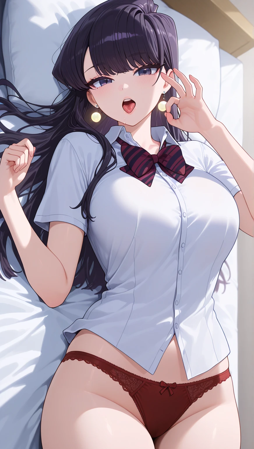 (8K, Highest quality, masterpiece:1.2),高品質CG Unity 8K 大容量ファイル,Very detailed,High resolution,Beautiful Eyes,Ray Tracing,Dramatic Shadows,finely,Hyper Detail,(1 Girl), anime, Perfect body,
Black Hair, (Braid, Glasses),
Big Breasts、
(Sailor suit)、Short sleeve、Red ribbon、
smile, (blush、Sweat:1.3)、
Upper Body、
night、Hotel、 the bed、