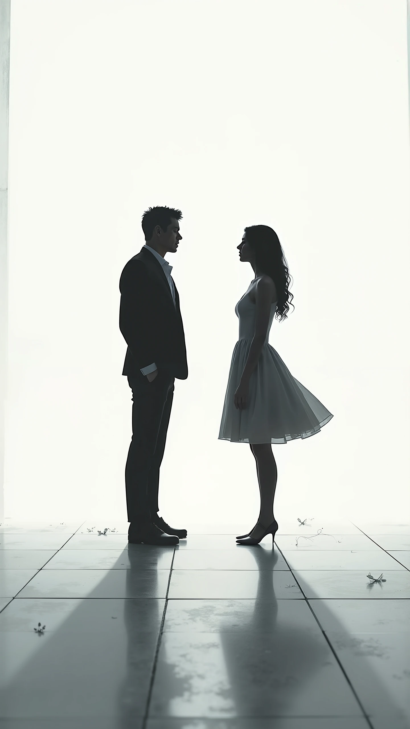 ArsMovieStill, 50s Noir Movie Still, The image is a black and white photograph of a man and a woman standing in a dimly lit room. The man is on the left side of the image facing the woman on the right side. They are holding hands and appear to be in a romantic embrace. The room has a window with curtains a lamp and a table with various items on it. The sunlight is shining through the window creating a soft glow on the scene. The image is taken from a low angle making the couple stand out against the dark background.