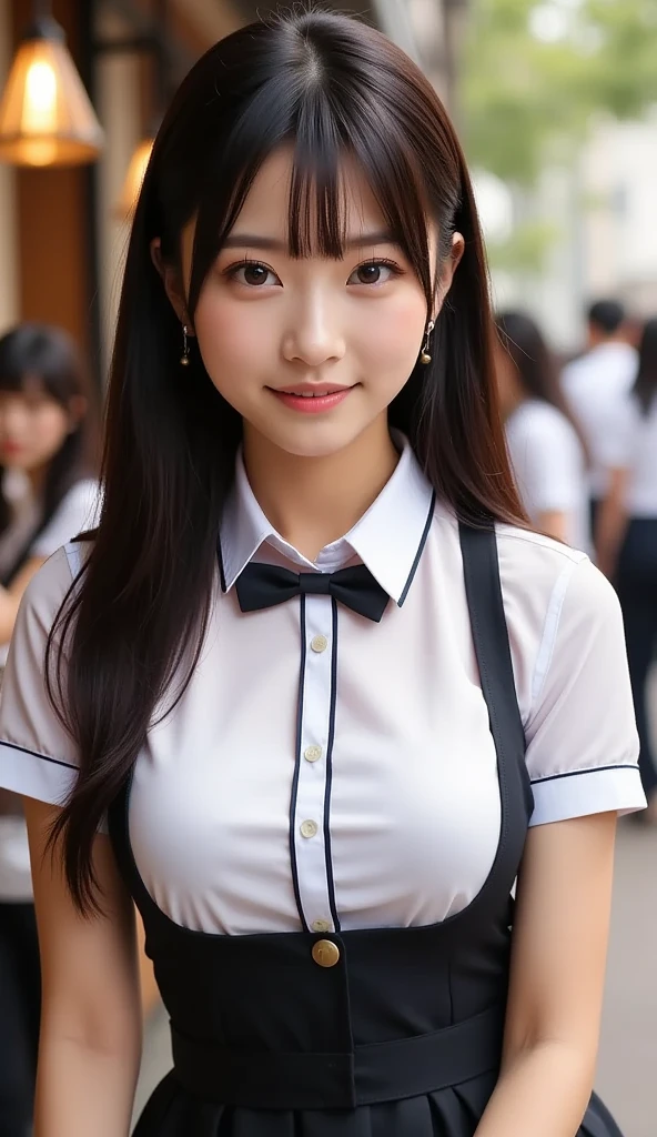 ((Many female students:1.5)), 16 years old, Grin, Low length, Japanese, (((Short sleeve white collar shirt:1.5,Navy blue checked mini skirt:1.5,Red checkered bow tie on chest,Black underwear:1.5))), (Big Ass:1.5), (Super huge boobs:1.5), Huge breasts, bulging udder, (Chubby:1.2), Glowing Skin, Baby Face, Porn Pose, Full body portrait, In a crowded train:1.1,