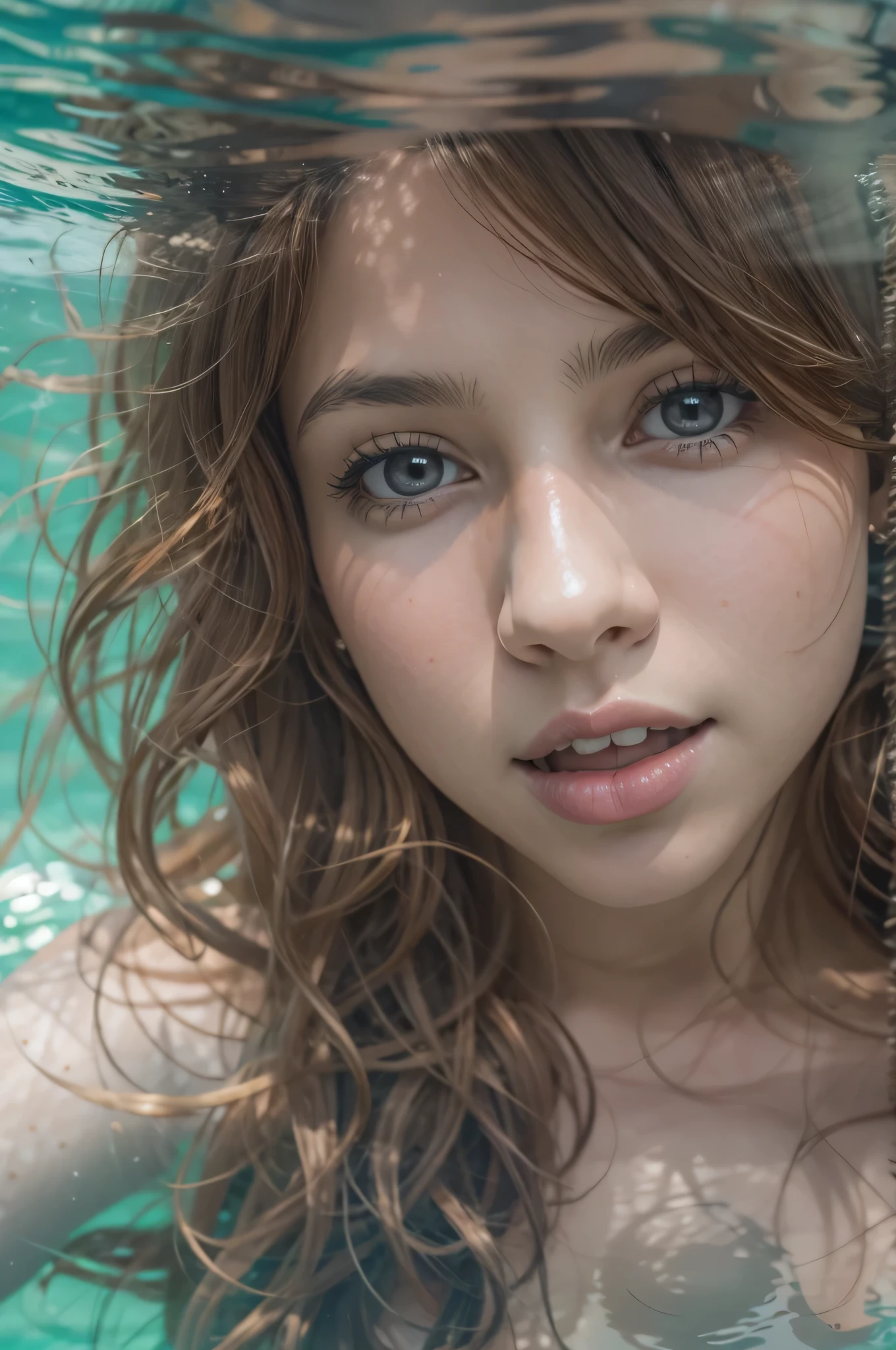 Portrait of a beautiful girl,dressed as a mermaid , she is swimming in the deep ocean,yo, ((she shows her boobs)),(nude) ,(close up), cute pose, (highdetailskin:1.2), 8K UHD, Digital SLR, Soft lighting, High quality, filmgrain, Fujifilm XT3, perfect figure , Slim abs:1.1, ((Long dark brown hair, ))