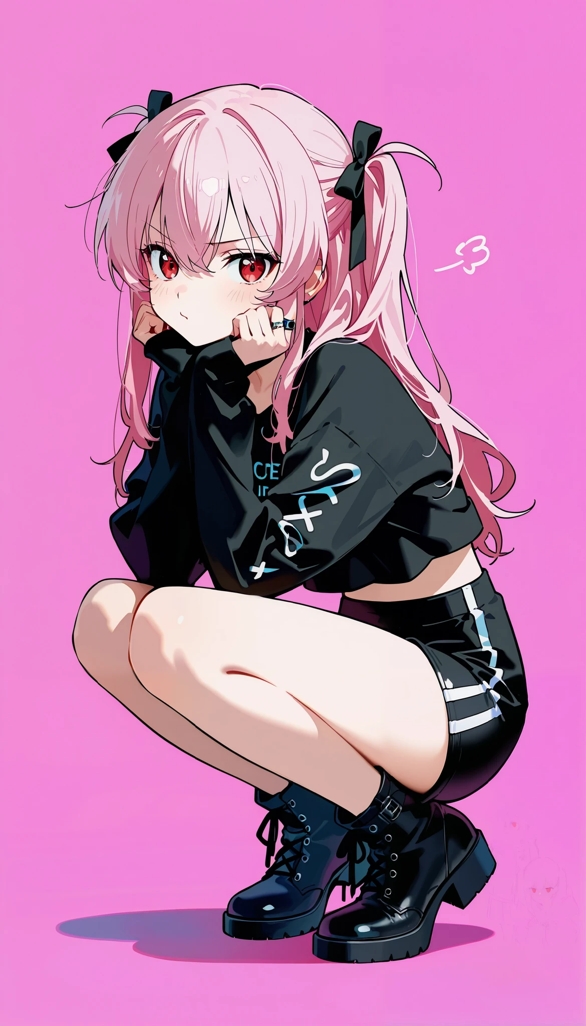 Life from last century 々New photos 、 is present、 best quality、masterpiece、B pink background. Black and White, Golden Striped Hair , Super cute girl, red eyes. squat, Gothic Tee , Gothic Shorts , black boots, tsundere sister , ring , pink background, Anime Style Art , Detailed Illustration , bright color , soft writing , focused gaze, Edgy Look , expressive faces , almost time , Eye Catching , , Detailed Hair , is present shadows, 8k