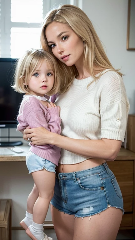 young mother with daughter in jeans with flounce in park, 19th century photo, deep focus, vintage film grain, color correction retro style, soft lighting,