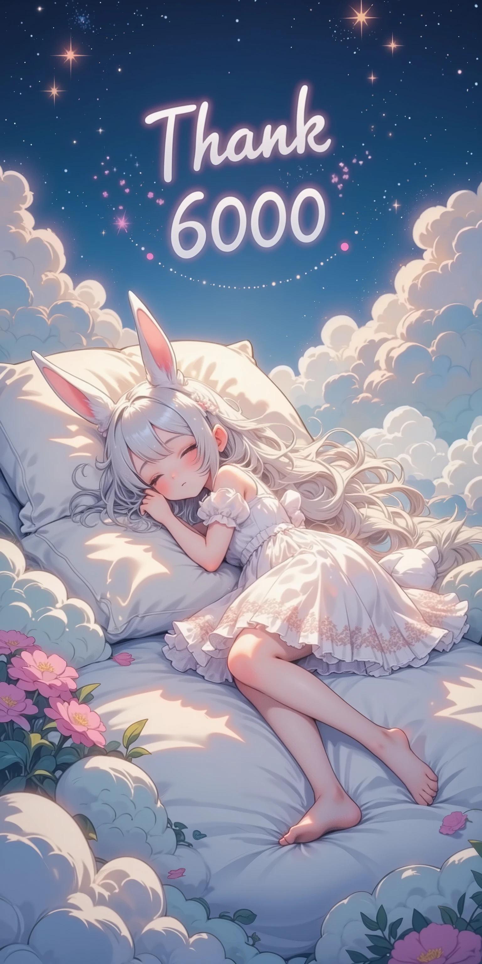 beautiful solemn text written "thank 6000". ((cute and kawaii rabbit girl lying down eternally sleeping in happy dream, long white hair and fluffy rabbit ear, transparent very white frilly dress embroidered delicately). at very unreal place as beautiful heaven shining particles floating.) (generate radiant and ethereal and translucent feeling picture. most beautiful image in the world. under black light and neon light. image generated by great soulful passion of artist. composition made by perfect golden ratio. flat newest anime style but very detailed art. masterpiece, best quality,)