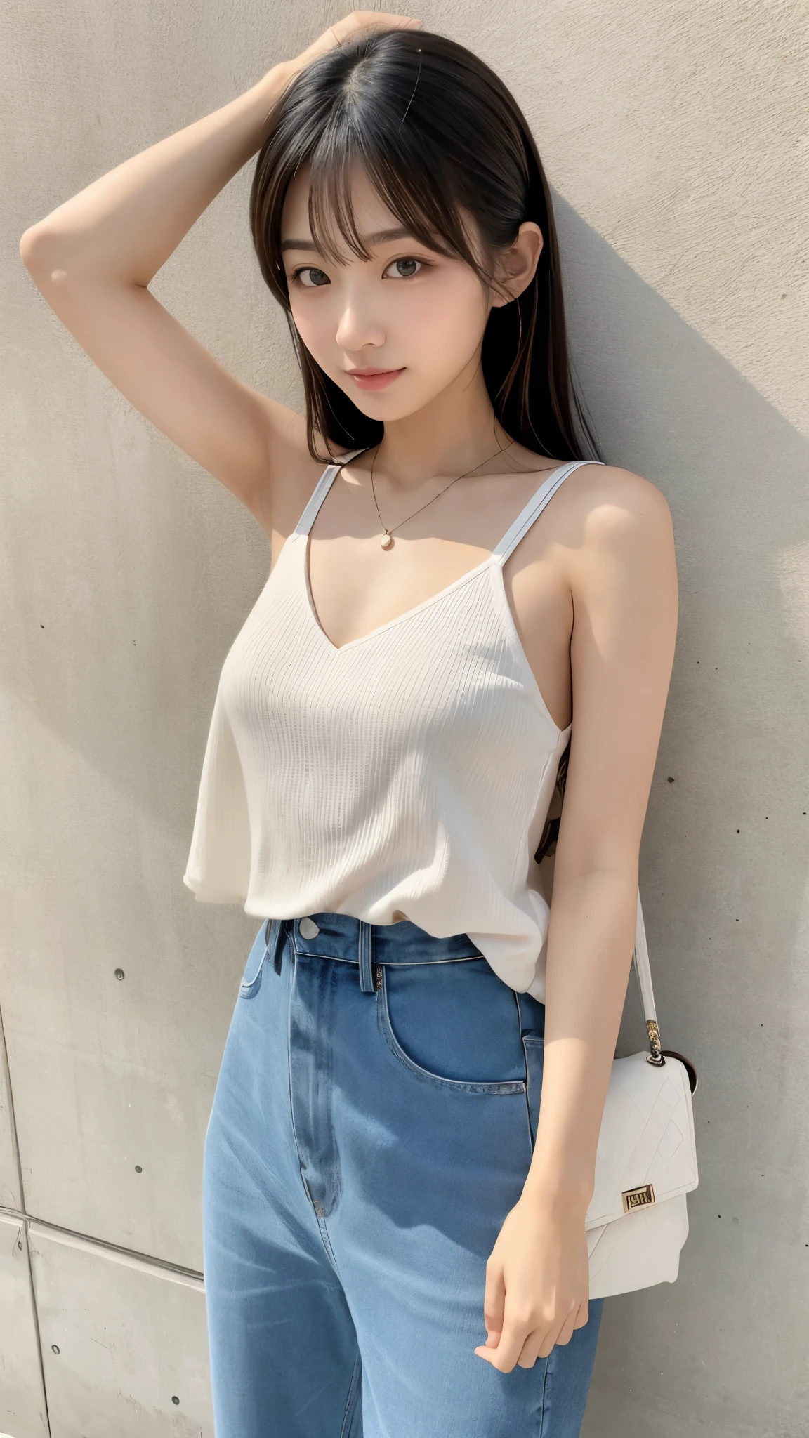 Tabletop, Highest quality, figure, Super detailed, Fine details, High resolution, 8k wallpaper, Perfect dynamic composition, Beautiful attention to detail,Full body photo，Show your whole body、Tank top、mini skirt,Long white hair,Big ample breasts、hugeな胸の谷間, Bold sexy pose,smile,Harajuku、20-year-old girl、huge 、Take a look at the sexy shots of the lens