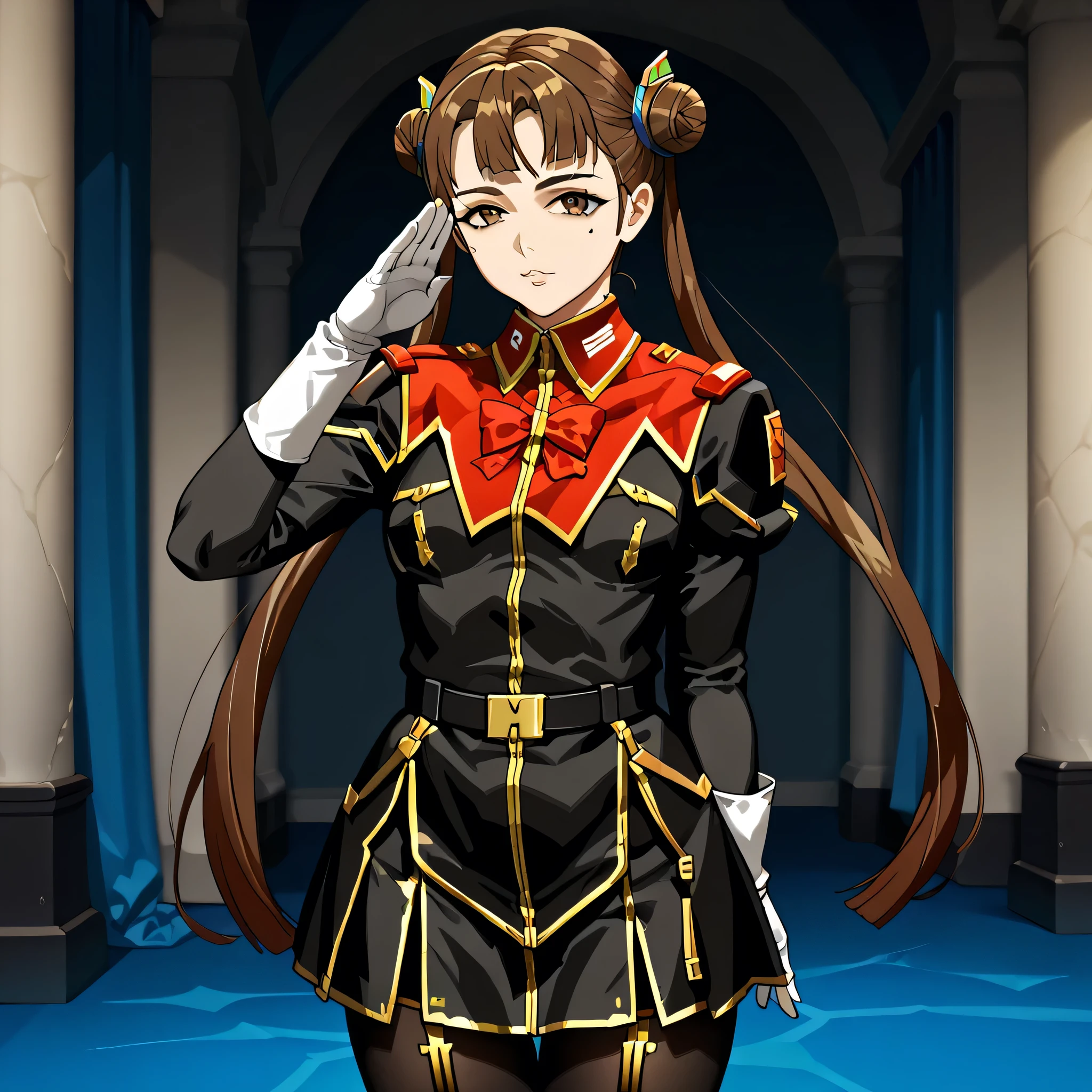 ultra-High resolution, score_9,score_8_up,score_7_up,score_6_up,score_5_up,score_4_up, BREAK, source_anime, anime screencap, uncensored, rating_explicit, Masterpiece, curvy, looking at viewer, (((solo, 1girl))), hair ornament, (((TitanOutfit))), full body, small breast, shimakatase, long hair, very long hair, skirt, brown hair, twin tails, brown eyes, hair bun, double bun, salute, saluting