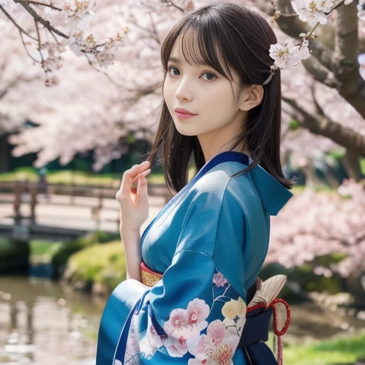 beautiful woman, turning back, colorful kimono, traditional Japanese hairstyle, various flower ornaments, gentle expression, elegant posture, cherry blossom trees, gentle river, cherry blossom petals, warmth of spring, soft natural light, gentle shadows, ukiyo-e style, bright colors, emphasized contrast, ((masterpiece)), ((best quality)), (ultra-detailed), ((beautiful eyes)), Japanese female, (slender:1.3), ((30 years old)), beautiful,