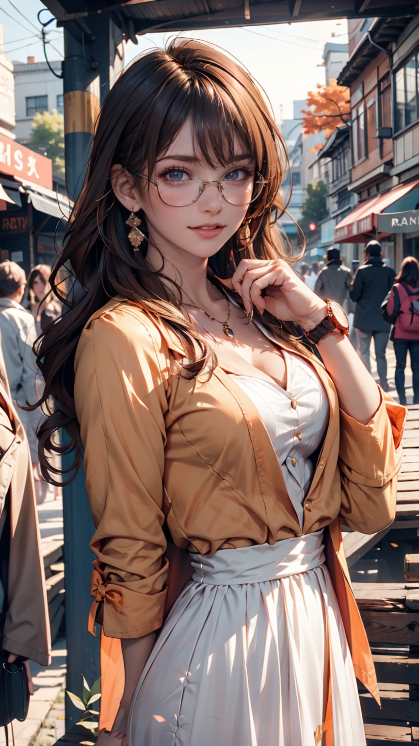 One person, alone, Go to the river, Orange Hair, Drill Hair, Wear glasses on your head, Orange eyes, jewelry, bow, White Dress, Purple Jacket, meanwhile, Earrings, Have, Are standing, Hands on hips, View your viewers, Close one eye, Grin, Outdoor, city