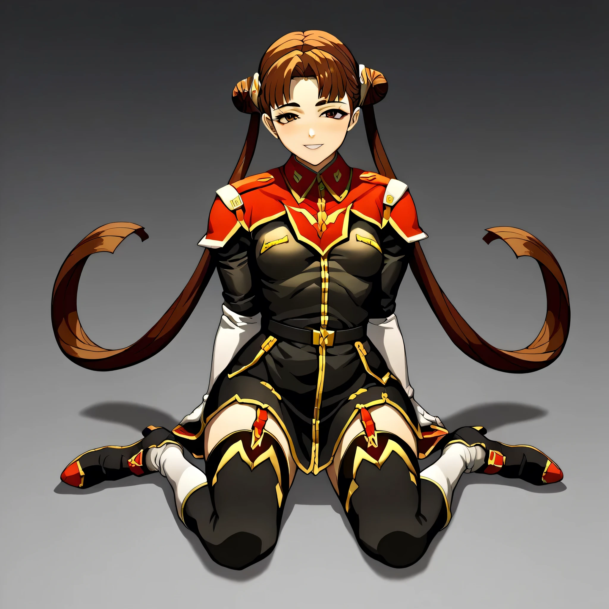 ultra-High resolution, score_9,score_8_up,score_7_up,score_6_up,score_5_up,score_4_up, BREAK, source_anime, anime screencap, uncensored, rating_explicit, Masterpiece, curvy, looking at viewer, (((solo, 1girl))), hair ornament, (((TitanOutfit))), full body, small breast, smile, seductive pose, submissive pose, shimakatase, long hair, very long hair, skirt, brown hair, twin tails, brown eyes, hair bun, double bun,