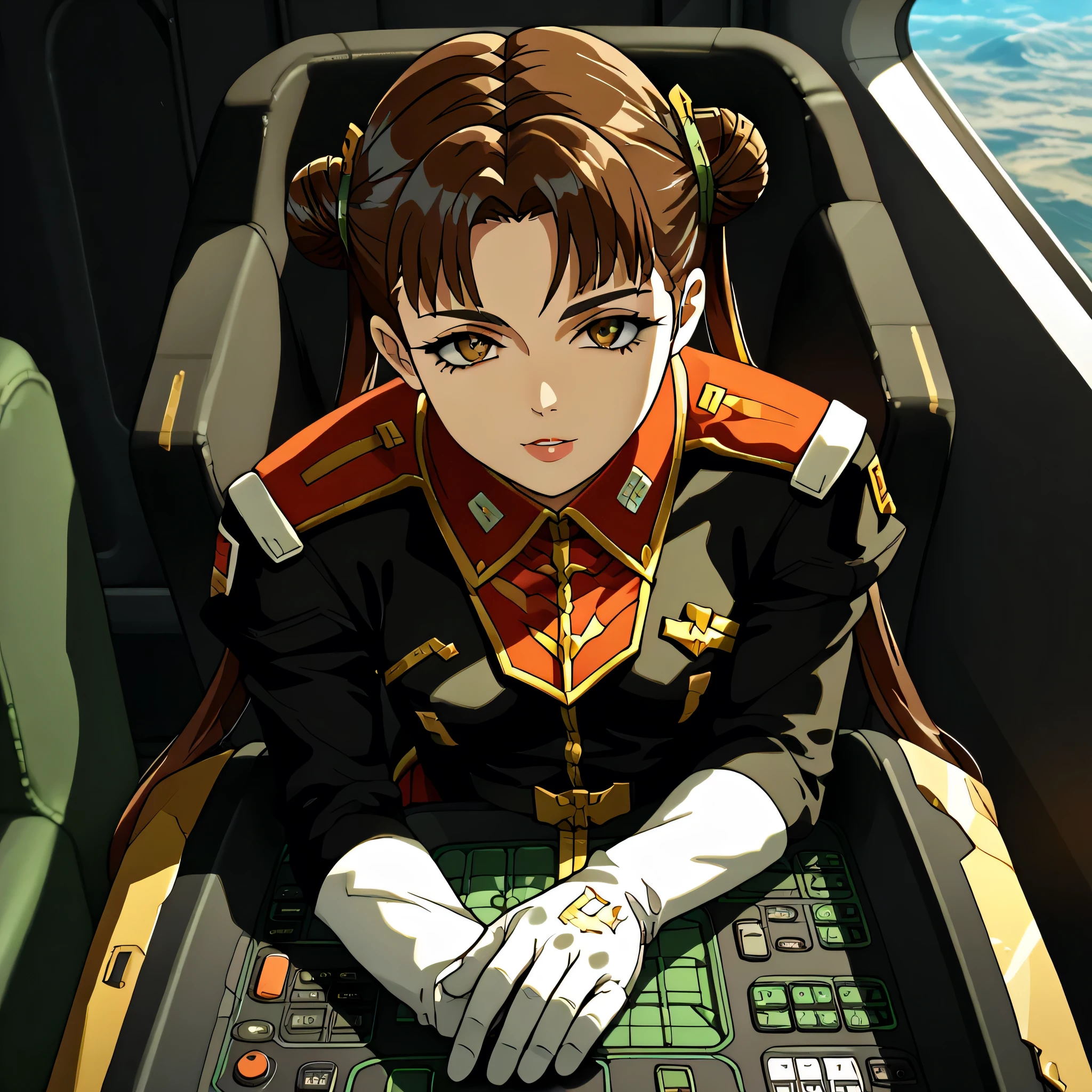 ultra-High resolution, score_9,score_8_up,score_7_up,score_6_up,score_5_up,score_4_up, BREAK, source_anime, anime screencap, uncensored, rating_explicit, Masterpiece, curvy, looking at viewer, (((solo, 1girl))), hair ornament, (((TitanOutfit))), full body, small breast, seductive pose, submissive pose, shimakatase, long hair, very long hair, skirt, brown hair, twin tails, brown eyes, hair bun, double bun, (((cockpit background, cockpit)))