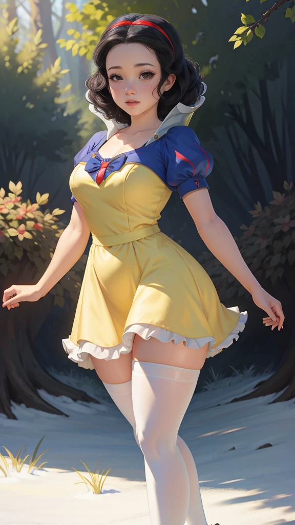 Snow White, big , deep cleavage, blue blouse, white side slit skirt showing her thighs, white stockings