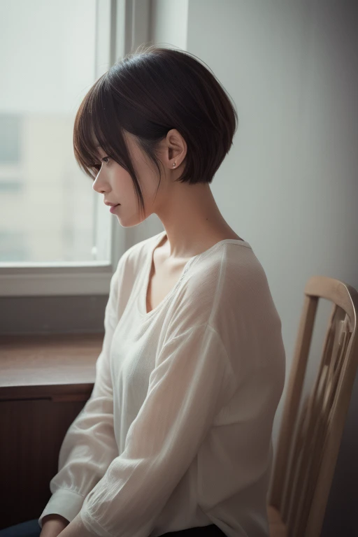 At work、White wall、computer、Woman sitting on chair、Cute Face、profile、short hair、Casual Fashion、Close-up