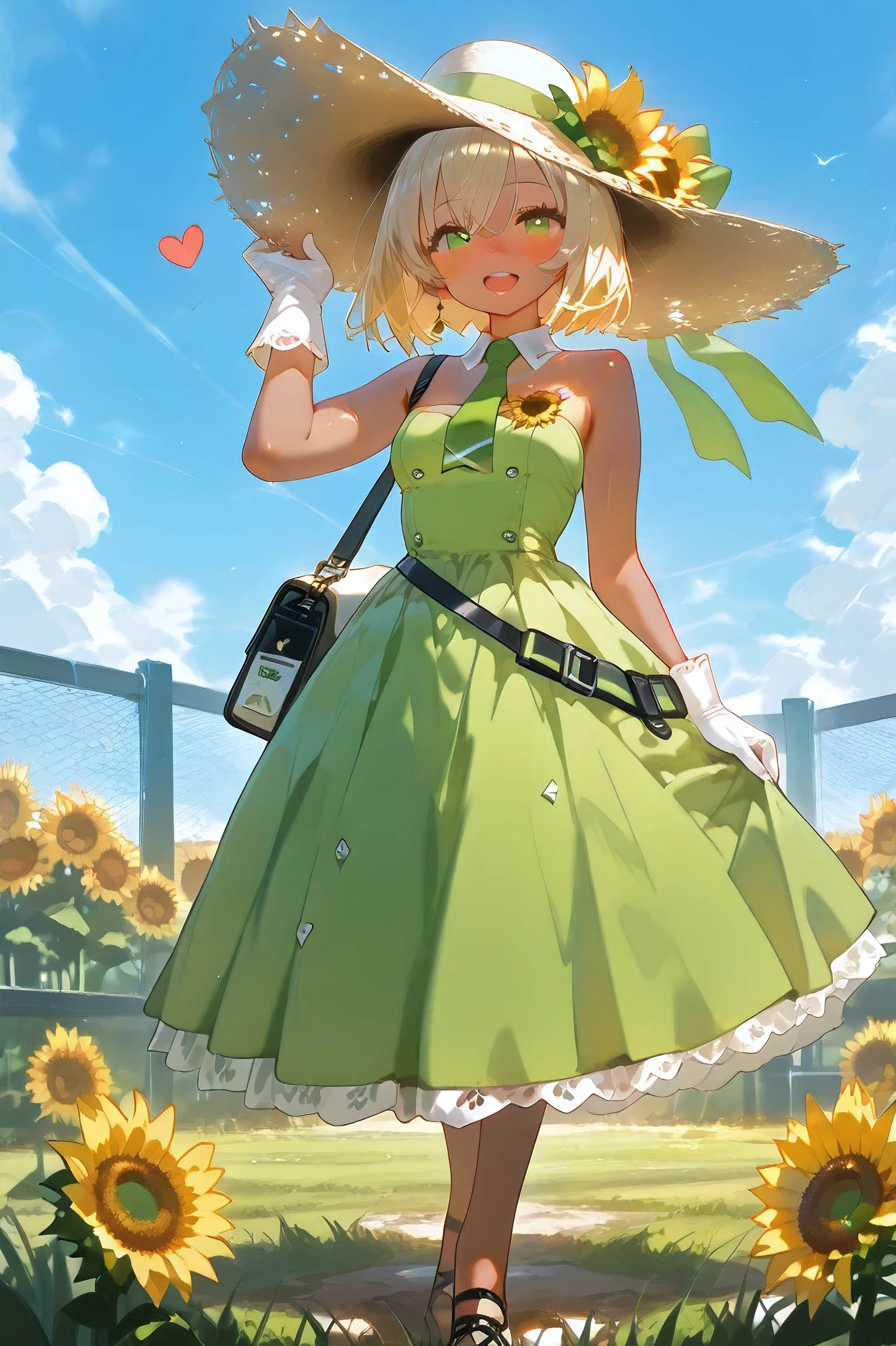 masterpiece, best quality, amazing quality, very aesthetic, high resolution, ultra-detailed, absurdres, newest, Anime screencap, highly detailed, high quality, hyper-Detailed, xmc. BREAK.
1girl, looking at viewer, blush, smile, open mouth, short hair, blonde hair, gloves, dress, hat, holding, standing, full body, flower, heart, outdoors, necktie, sky, day, dark skin, bag, blue sky, dark-skinned female, strapless, grass, strapless dress, freckles, personification, green dress, sun hat, shoulder bag, fence, sunflower, green gloves, object head