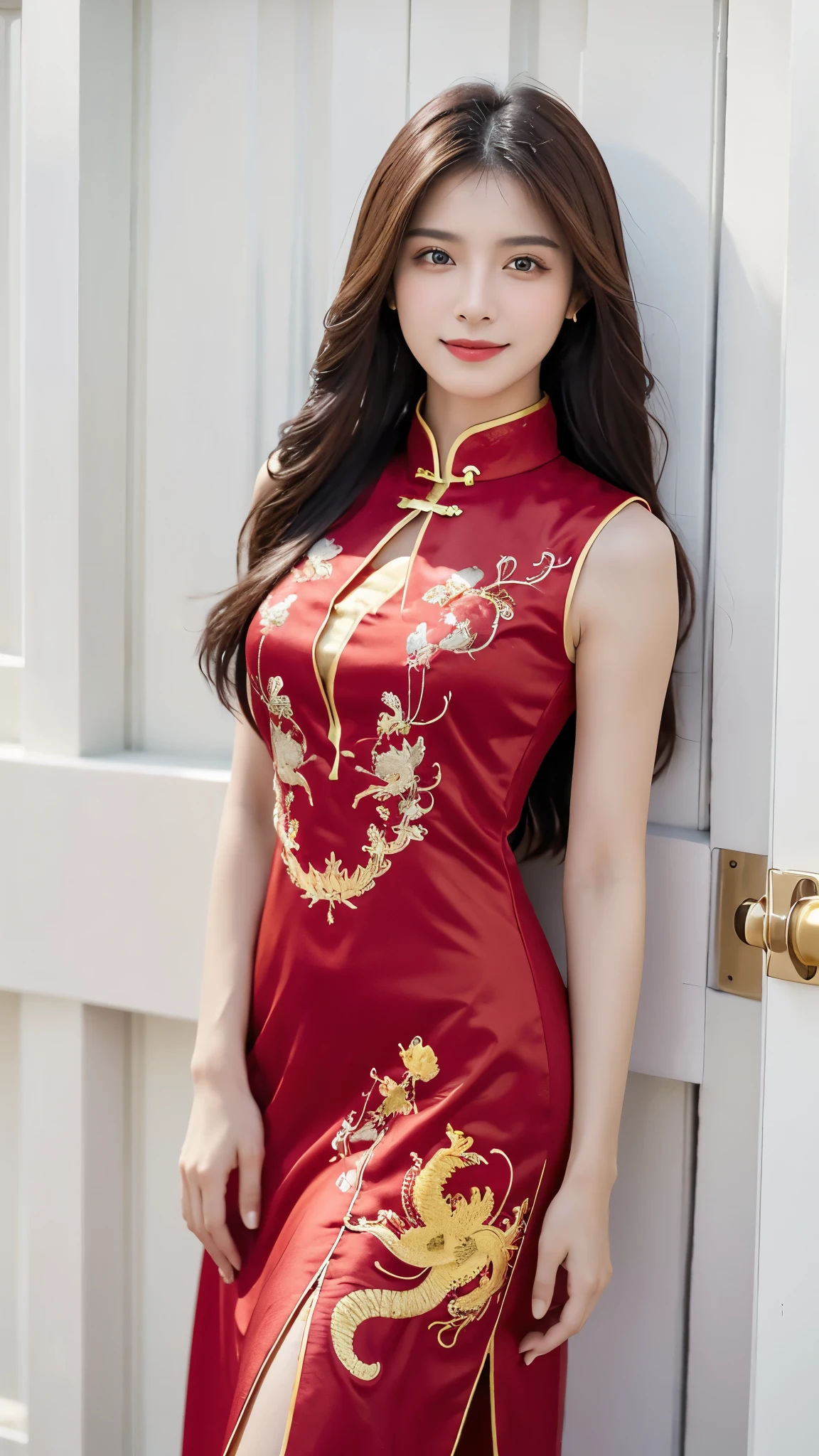 Obra maestra, La mejor calidad, ultra-high resolution, Foto de alto detalle, Unidad 8K Fondo de pantalla, professional photograph, (CG extremadamente detallado:1.2), depth of field, bokeh, (Foto RAW:1), realistic photography:1.4), (1girl:1.5), joven, physically based representation, beautiful, (Cara finamente detallada:1.4, Ropa detallada), (Detallado:1.4) named (Eimi Fukada:1.1) BREAK Cara hermosa, Profundidad de campo, Agregar capa, hiperrealista, 2, Modelo de cuerpo perfecto, senos perfectos, 175cm de altura, pose sexy, full body, cuerpo completo, Tipo de cuerpo del modelo, BREAK (extreme skin details:1.1), skin details, (wearing a bright red traditional Chinese qipao dress adorned with intricate gold embroidery depicting dragon and phoenix patterns. The dress has a high collar and is sleeveless:1.3), (long hair:1.5), doble parpado BREAK blush, (gentle smile:1.3), (standing, posing confidently:1.3), (background shows a white door and a white wall:1.3), blush, wide aperture (f/1.8 or lower) for a shallow depth of field, a fast shutter speed (1/60 or faster), and a low ISO (100-200) to minimize noise, (eye level camera:1.3), (fish eye lens:0.4), (from above:0.3), (Flowing in the wind:0.3), (looking at the camera:1.5), (medium close-up:0.3), seductive expression, (turning back:0.4)