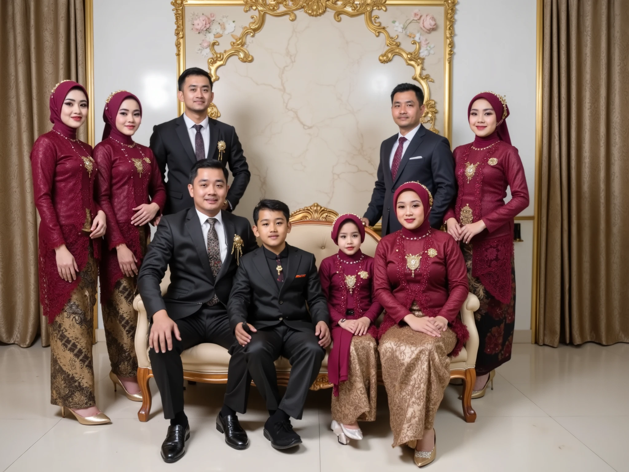 A captivating formal portrait of an Indonesian family, consisting of nine members, gathered for a special occasion. A Chubby boy wears a black suit and a girl wears a maroon kebaya with golden batik bottoms sits in middle, father wear black suit and mother aged 60 and a woman wearing maroon kebaya with golden batik bottoms sits on sofa. Surrounding them are two man dressed in black suits and white shirts and two woman wear maroon kebaya with golden batik bottom standing. The background features a refined atmosphere, with marble textures and intricate floral patterns, perfectly complementing the polished marble floor. The image captures the essence of love, unity, and elegance, celebrating the beauty of family and tradition.