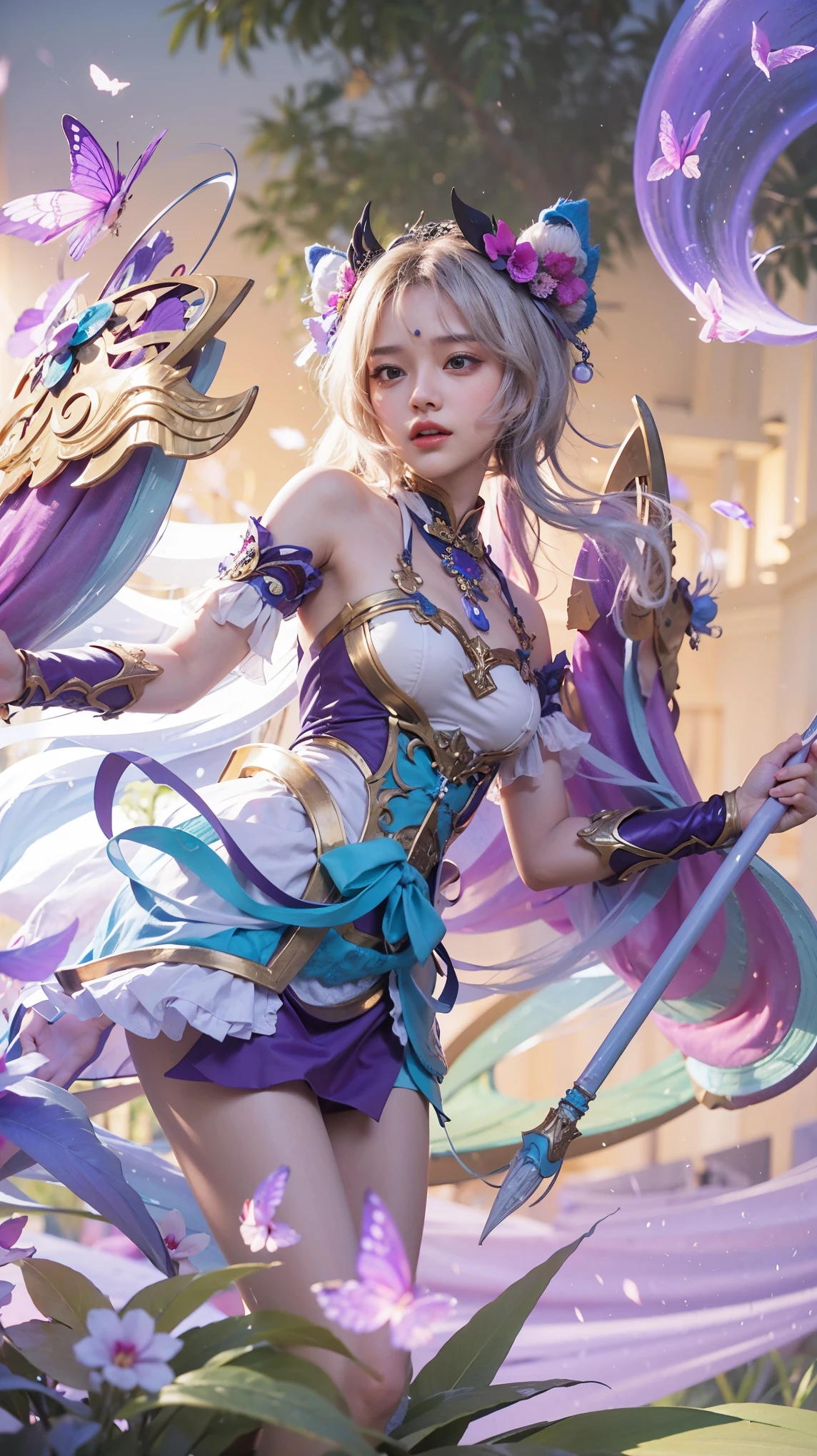((masterpiece、best quality))、shape、super detailed、8k、actual、sharp focus、Very detailed、professional lighting、spotlight、Colorful details、Detailed texture,A stunningly beautiful girl,Wearing a transparent cheongsam,(most suitable hairstyle:1.4)、(in the most helpful way:1.3)、(Half-length photo:1.4)、big breasts、perfect style、Body、18 years old, red lips, light blue hair, double horn