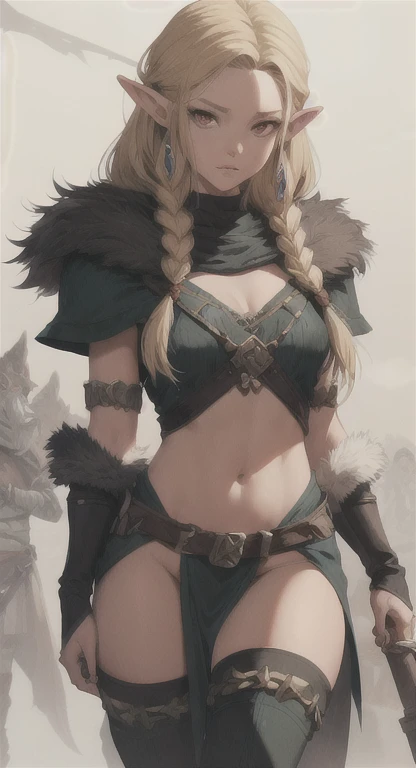 ((Simon Bisley)), Beautiful full-bodied woman, 30 years old, muscular and perfect body, blonde Viking warrior with braids and little clothing, tiny thong, metal bra, polar bear skin as cape, large breasts, generous neckline, holding a blood-stained sword, brave face, dark kingdom, sexy pose, walking in a Viking village in the snow