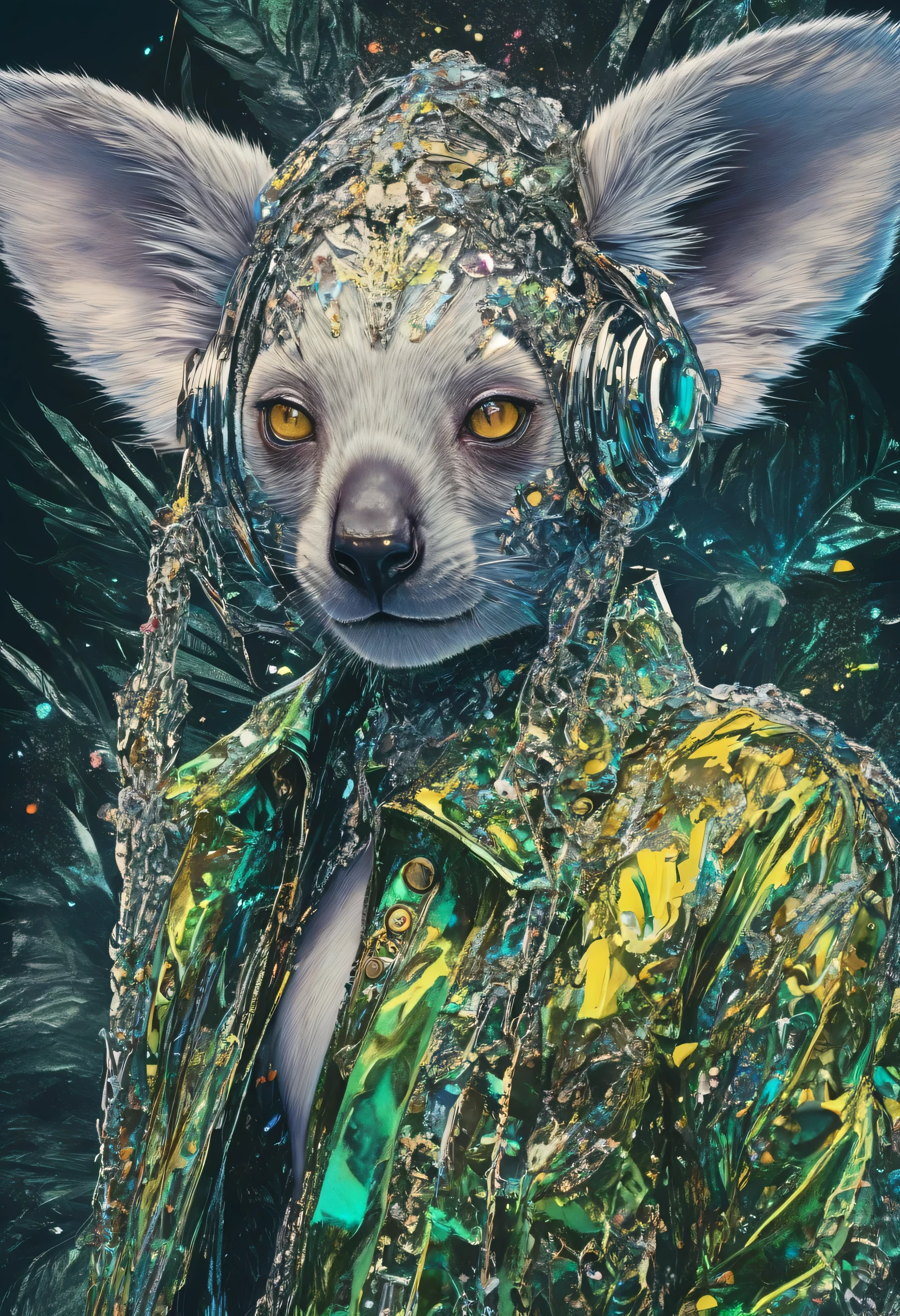   nova chroma style glitter ,Split Composition  ,   koala-faced disc jockey  、 koala-faced disc jockey がレコードをスクラッチしている、 is present、  Moving Poses 、ヘッドフォンを持って、 illustrator 、  yellow-green and green style 、   white background  、Detailed Description 、   anatomically accurate  、 accurate disc jockey drawing 、sinozick style, 
