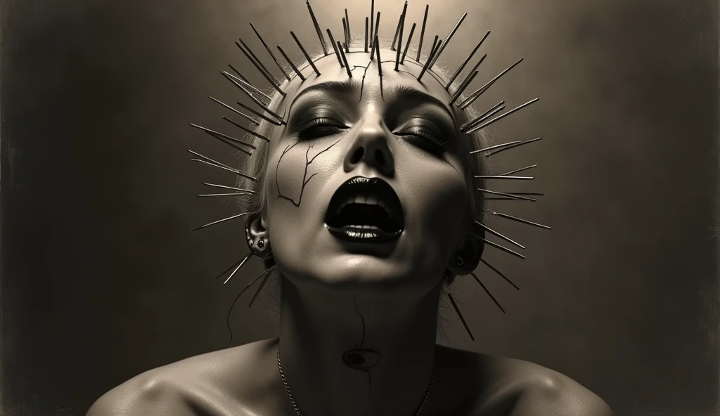 (Very old photograph only in sepia color), ((in full shot:1.2), (low-angle ground view,) (a large LeMarchand Cube Puzzle as the central figure from the movie Hellraiser, surrounded by cenobitic female characters1:3), black lipstick, scream and anger, (black eyeball), symmetrical cut on the face, (dozens of nails in the head, frightened, horrified, terrified, insane, disgusting, disturbing, disturbing, Impactful, vintage, old film, (painting and surreal landscape (inspired by Zdzislaw Beksinski and Wayne Barlowe), director Fritz Lang credits, science fiction, dynamic composition, gritty textures, shadows and highlights, bright costumes, excitement and adrenaline, cosmic horror influences , sinister composition, macabre atmosphere, high contrast, deep shadows, mysterious atmosphere, vintage film grain effect, horror elements, retro film noir aesthetic, monochromatic color scheme, elements of suspense and mystery, of the mind Creative by Fritz Lang, eye-catching visuals, innovative visual effects, gripping plot, thrilling horror with a twist. photorealistic, cinematic film, Ultra detailed, RAW photo, cinematic, artstation style, concept art, masterpiece, 8k, black and white, realistic textures, 3D rendering