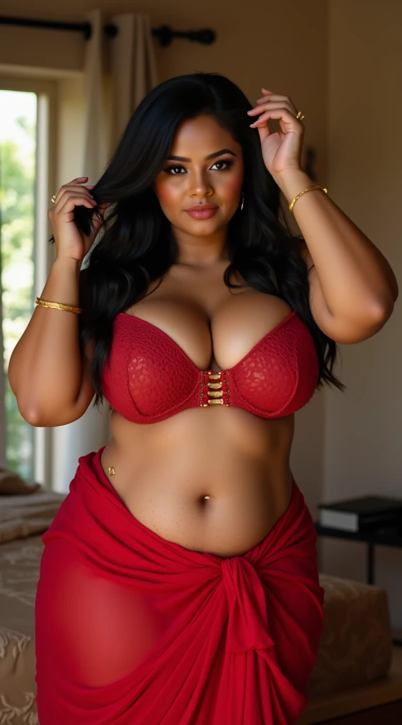8k, best quality, masterpiece, highly detailed, semi realistic, African woman (huge breast, thick thights), fat, green eyes, curly hair, in sheer lace red tight dress, visible nipples, visible big areola, asian market background,