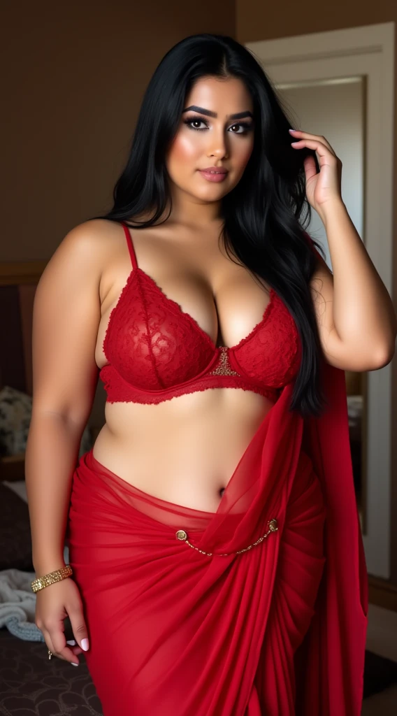 night scene, close up photo of a sexy married bengali woman, laying on bed, curvy body, wearing bridal laced lingerie, large breasts, cleavage show, chubby cheeks, deep navel, navel ring, nose ring, earring, vermilion, seductive face, looking at the camera, dark red lipstick, red saree, 50 yo, soft volumetric lights, (backlit:1.3), (cinematic:1.3), intricate details, (ArtStation:1.2)