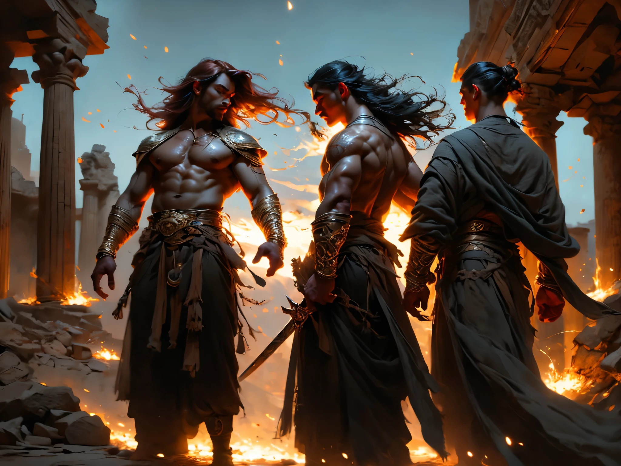 2 men, (1 man with long red hair, red hair, blue eyes), (1 man with long black hair, grey eyes), muscular, wearing blue loincloth, shirtless, tattoos, gold ornaments, warriors in ruins of ancient stone city, in a rust colored desert, two moons, orange sky, bokeh, raytracing, realistic textured skin, particle effects, depth of field, beautiful figure painting, bright light, amazing composition, HDR, volumetric lighting, ultra quality, elegant, highly detailed, masterpiece, best quality, high resolution, masterpiece, best quality, sword and sorcery style art, 
