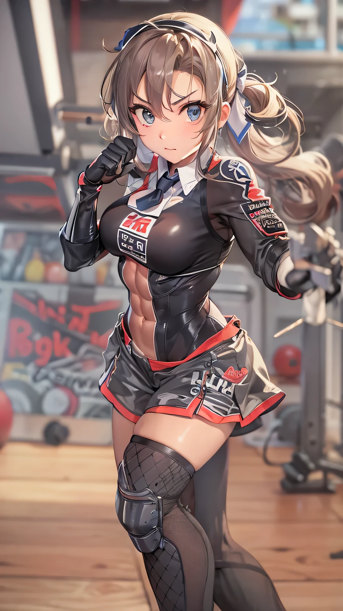(silver hair:1.3), long hair, ribbon, twintail, red eyes, 1girl, jewelry, breasts, gym_leader, solo, hoop_earrings, underboob, belly_chain, abs, shorts, navel, gloves, looking_at_viewer,  sportswear, simple_background, toned, tankini, hollow eyes, red eyes, looking at viewer. glowing eyes, (heavy breathing:1.2), (annoyed:1.2), parted lips,