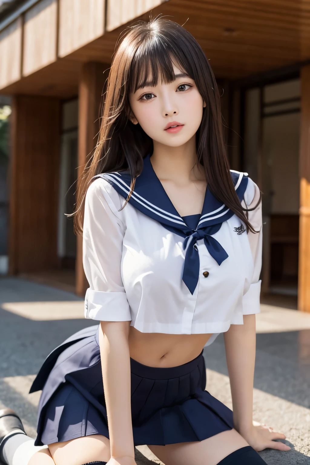 A female student wearing a short skirt and a sailor suit with her skirt rolled up and disheveled., , surreal high school girl, in a white shirt, Hot with shining sun, A woman with the same face as last time,4K、1Man Woman、slender、 Loose wavy styling 、,Open legs、sitting on、 surreal high school girl, Nothing is worn inside、The chest is open、Nipples are erect、、captivating and enticing、full body shot、Including face and skin texture.,Detailed eyes、a seductive look