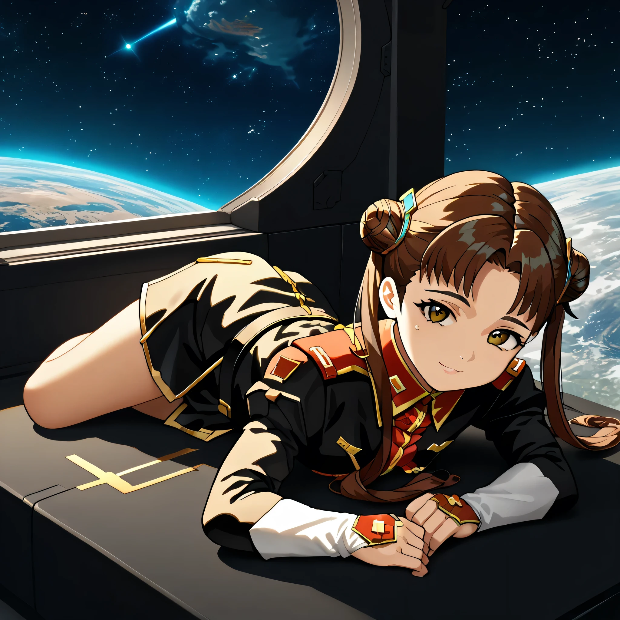 ultra-High resolution, score_9,score_8_up,score_7_up,score_6_up,score_5_up,score_4_up, BREAK, source_anime, anime screencap, uncensored, rating_explicit, Masterpiece, curvy, looking at viewer, (((solo, 1girl))), hair ornament, (((TitanOutfit))), full body, small breast, shimakatase, long hair, very long hair, skirt, brown hair, twin tails, brown eyes, hair bun, double bun, (((cute, young girl))), smile, lying down on window, space background, spaceship