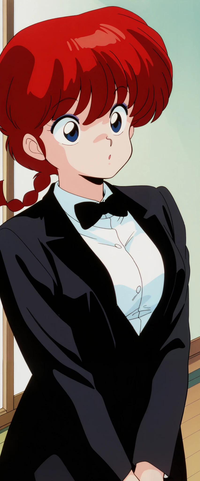 masterpiece, best quality, newest, absurdres, highres, detailed eyes, beautiful, detailed background, perfect eyes, anime coloring, retro artstyle, 1990s \(style\), 1girl, solo, ranma-chan, red hair, long hair, single braid, blue eyes, medium breasts, tuxedo tailcoat, woman wearing A tuxedo tailored,,