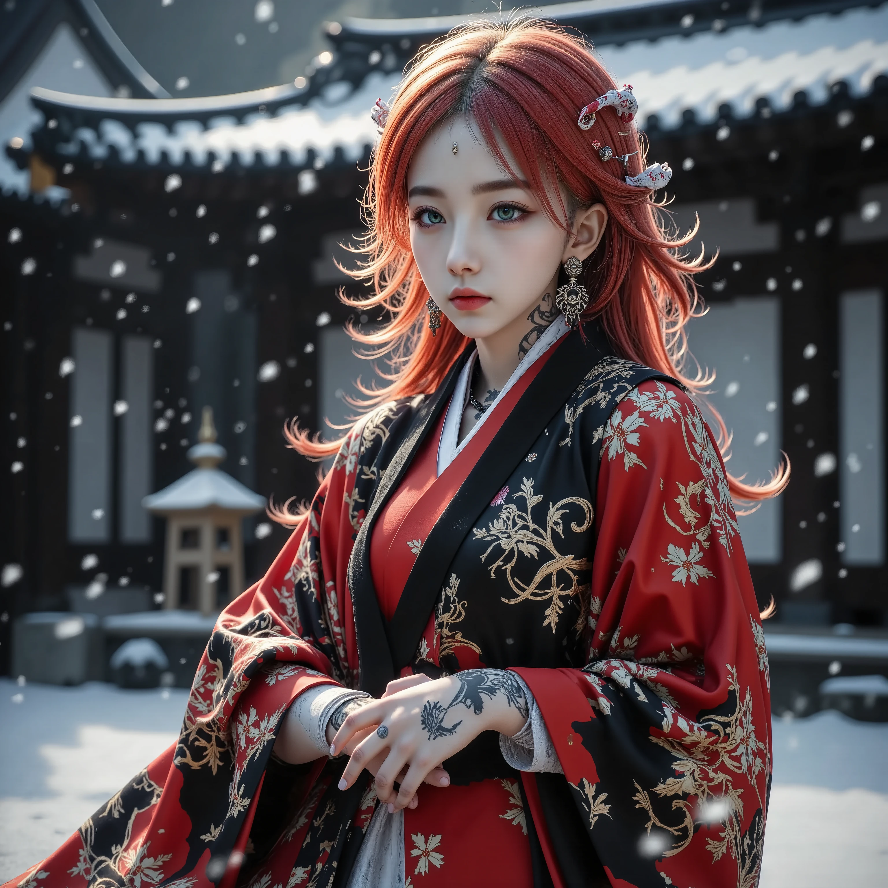 Full body in kimono、Temple Background、A precise Japanese sword with a vermilion blade 、Holding a Japanese sword in hand、Unexposed whole body、beautiful fighting poses、The glowing snow is dancing、I'm wearing a detailed red and black kimono with a beautiful pattern、Red Hair、beautiful and perfect earrings、goddess、A beautiful and perfect headdress、 tattoo、Beautiful underwear