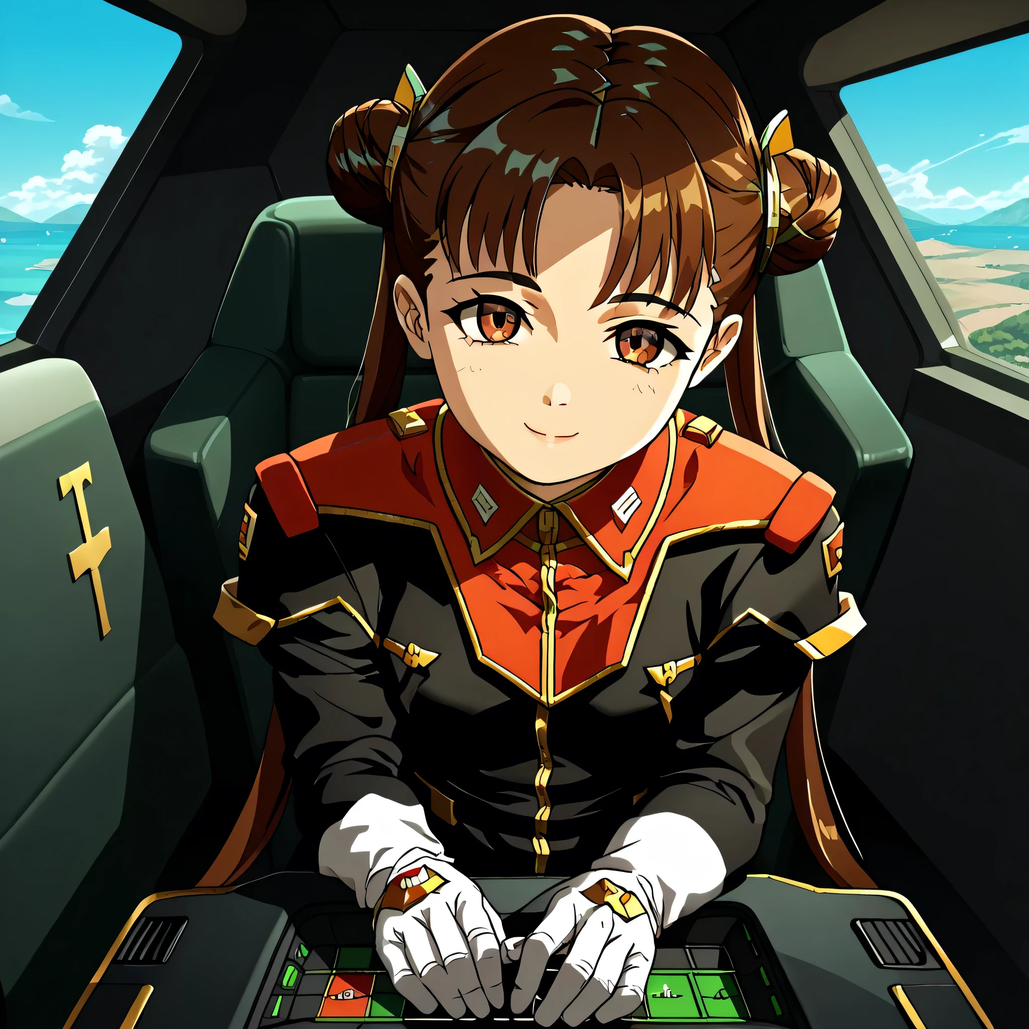 ultra-High resolution, score_9,score_8_up,score_7_up,score_6_up,score_5_up,score_4_up, BREAK, source_anime, anime screencap, uncensored, rating_explicit, Masterpiece, curvy, looking at viewer, (((solo, 1girl))), hair ornament, (((TitanOutfit))), full body, small breast, shimakatase, long hair, very long hair, skirt, brown hair, twin tails, brown eyes, hair bun, double bun, (((cute, young girl)), smile, seductive pose, submissive pose, (((cockpit background, cockpit)))
