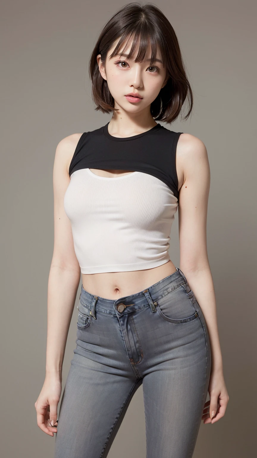 arafed woman in white tank top and black pants posing for a picture, 2 4 year old female model, round face long black hair with (((fringe on the left side))) attractive photo, full body pictures, full body picture, hand on hips, half body cropping, wearing white camisole, photo of slim girl, hands behind her body pose!, open v chest clothes