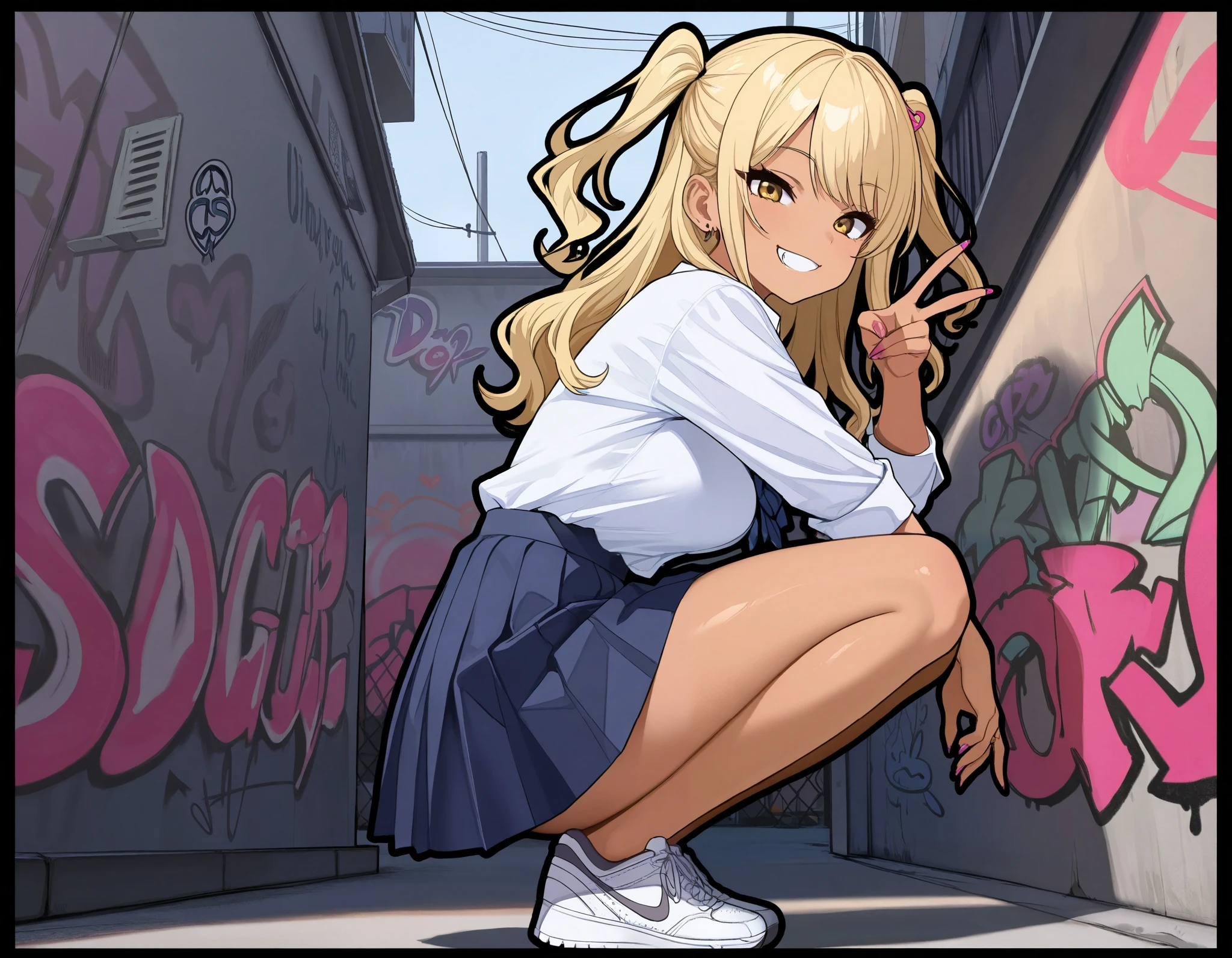 (best quality, highest quality:1.2), masterpiece, top quality, ultra high definition, rich contrasts, HD,8k, High Definition CG Unit Wallpaper, texture , Unbelievably Absurd, ultra high definition, RAW photos ,Deep border 1 .2, very detailed, back alley, graffiti wall, stylish pose, ceiling, from side:1.2, squatting, sneakers focus,
((thick outline)), thick outline, black outline, ((sexy girl, gyaru)), bimbo, cute, gyaru clothes, white shirt, street style, pleated skirt, sneakers, single V,
glamorous, grin, fang, yellow eyes, two side up blonde hair, tan, candy pop,