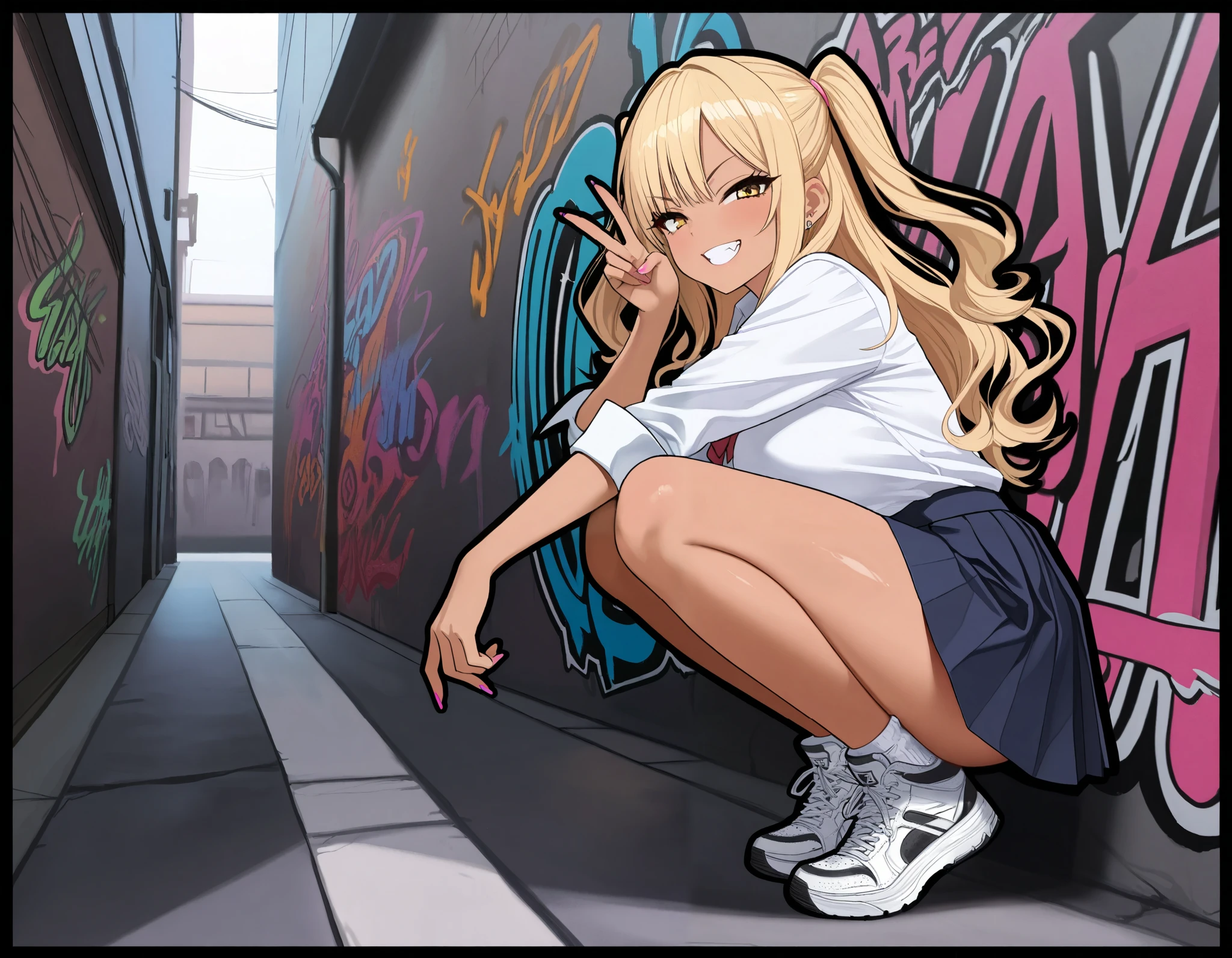 (best quality, highest quality:1.2), masterpiece, top quality, ultra high definition, rich contrasts, HD,8k, High Definition CG Unit Wallpaper, texture , Unbelievably Absurd, ultra high definition, RAW photos ,Deep border 1 .2, very detailed, back alley, graffiti wall, stylish pose, ceiling, from side:1.2, squatting, sneakers focus,
((thick outline)), thick outline, black outline, ((sexy girl, gyaru)), bimbo, cute, gyaru clothes, white shirt, street style, pleated skirt, sneakers, single V,
glamorous, grin, fang, yellow eyes, two side up blonde hair, tan,
