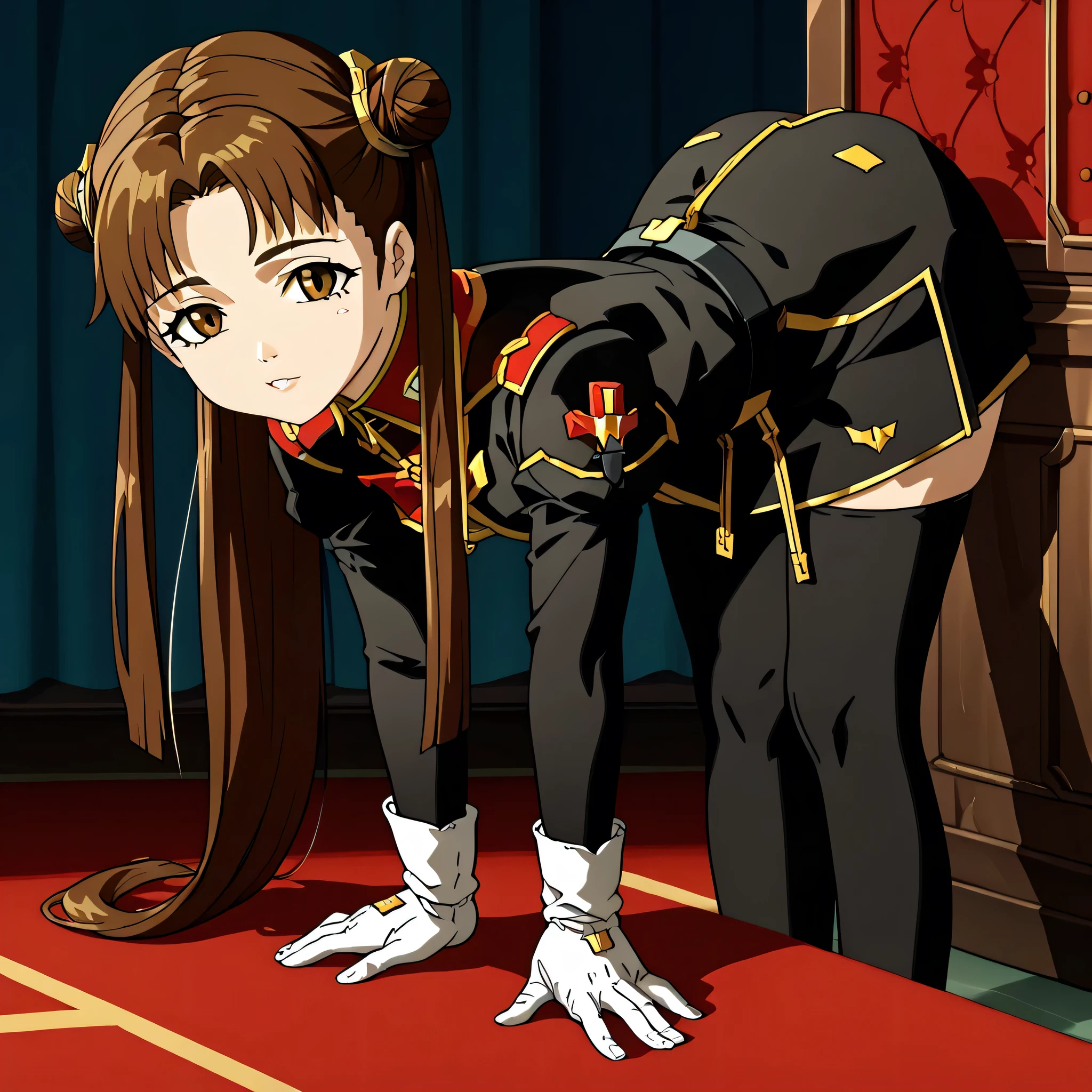 ultra-High resolution, score_9,score_8_up,score_7_up,score_6_up,score_5_up,score_4_up, BREAK, source_anime, anime screencap, uncensored, rating_explicit, Masterpiece, curvy, looking at viewer, (((solo, 1girl))), hair ornament, (((TitanOutfit))), full body, small breast, seductive pose, submissive pose, shimakatase, long hair, very long hair, skirt, brown hair, twin tails, brown eyes, hair bun, double bun, (((bent over, lean toward, cute, young girl)))