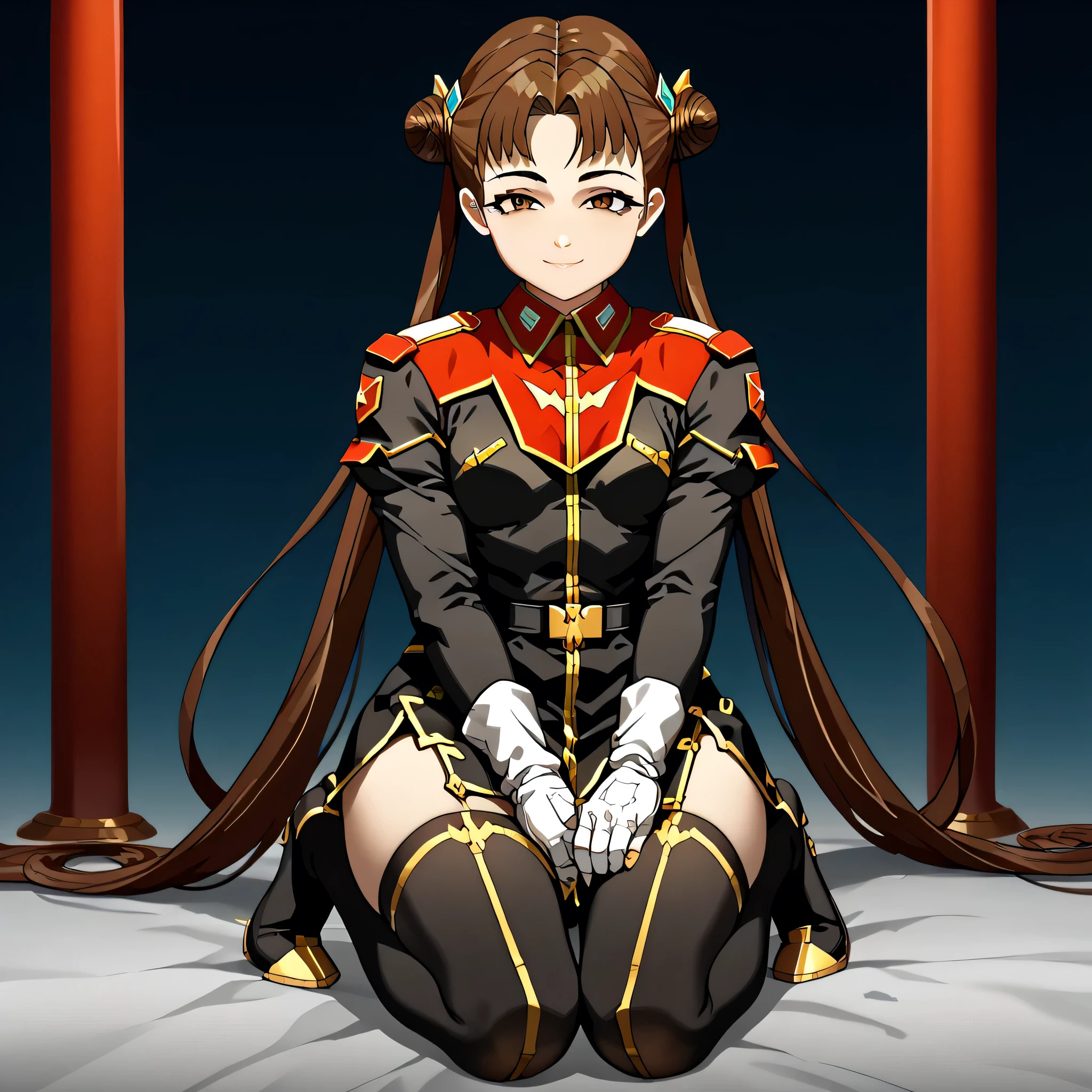ultra-High resolution, score_9,score_8_up,score_7_up,score_6_up,score_5_up,score_4_up, BREAK, source_anime, anime screencap, uncensored, rating_explicit, Masterpiece, curvy, looking at viewer, (((solo, 1girl))), hair ornament, (((TitanOutfit))), full body, small breast, shimakatase, long hair, very long hair, skirt, brown hair, twin tails, brown eyes, hair bun, double bun, (((cute, young girl)), smile, seductive pose, submissive pose
