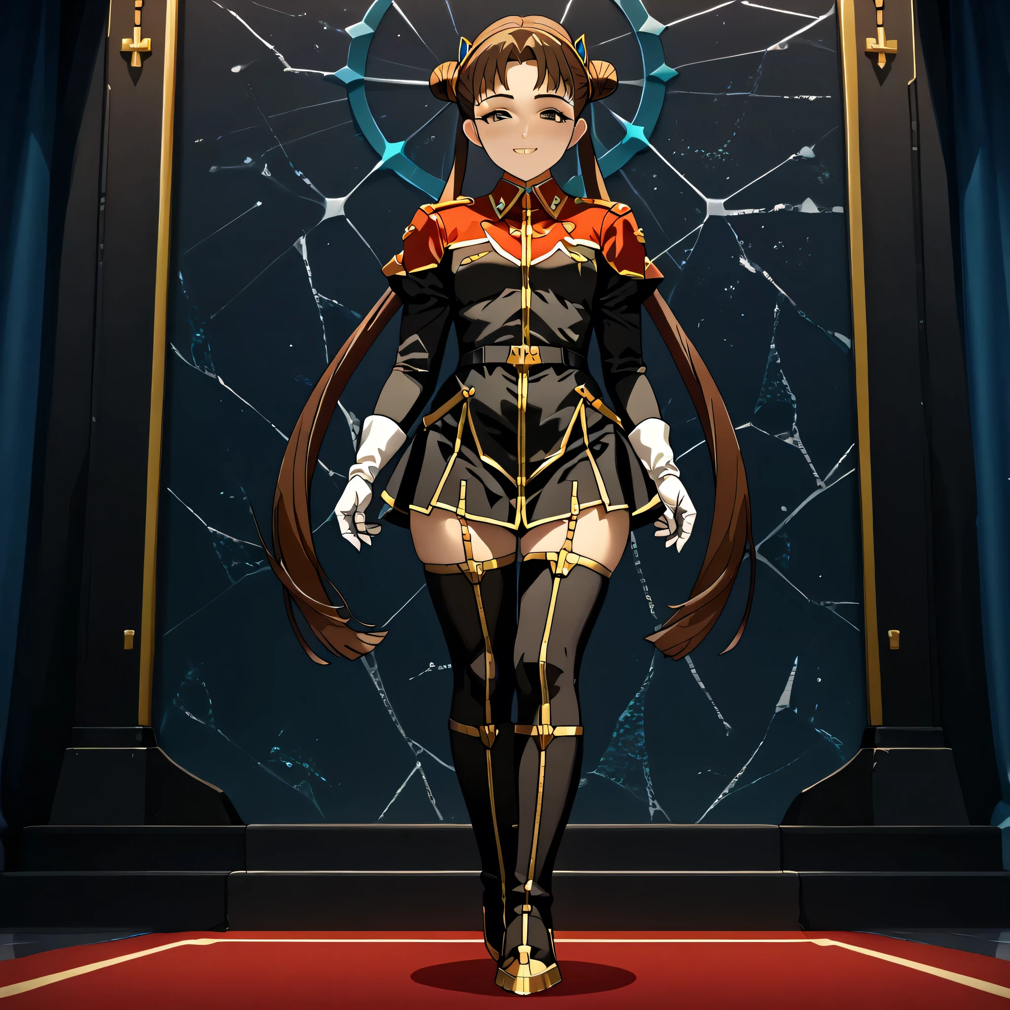 ultra-High resolution, score_9,score_8_up,score_7_up,score_6_up,score_5_up,score_4_up, BREAK, source_anime, anime screencap, uncensored, rating_explicit, Masterpiece, curvy, looking at viewer, (((solo, 1girl))), hair ornament, (((TitanOutfit))), full body, small breast, shimakatase, long hair, very long hair, skirt, brown hair, twin tails, brown eyes, hair bun, double bun, (((cute, young girl)), smile, seductive pose, submissive pose