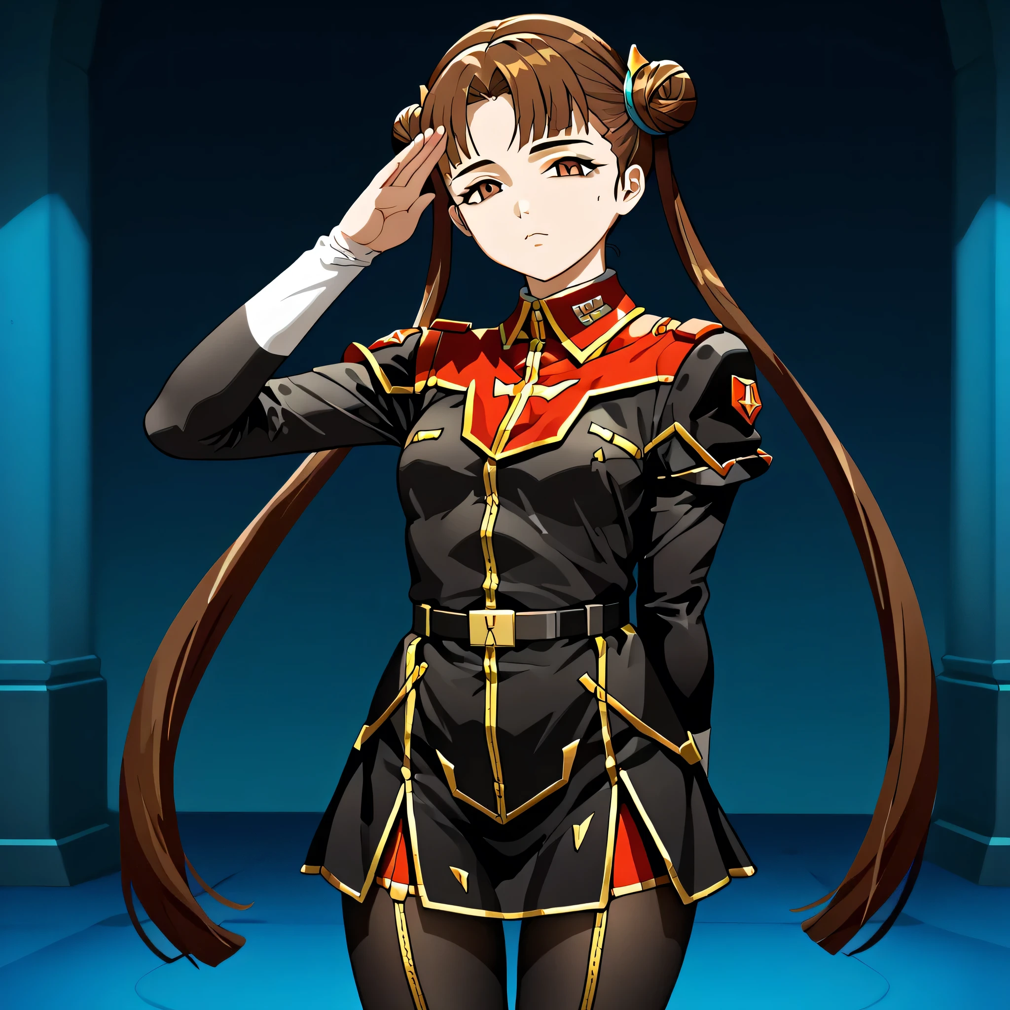 ultra-High resolution, score_9,score_8_up,score_7_up,score_6_up,score_5_up,score_4_up, BREAK, source_anime, anime screencap, uncensored, rating_explicit, Masterpiece, curvy, looking at viewer, (((solo, 1girl))), hair ornament, (((TitanOutfit))), full body, small breast, shimakatase, long hair, very long hair, skirt, brown hair, twin tails, brown eyes, hair bun, double bun, (((cute, young girl)), salute, saluting, expressionless, emotionless