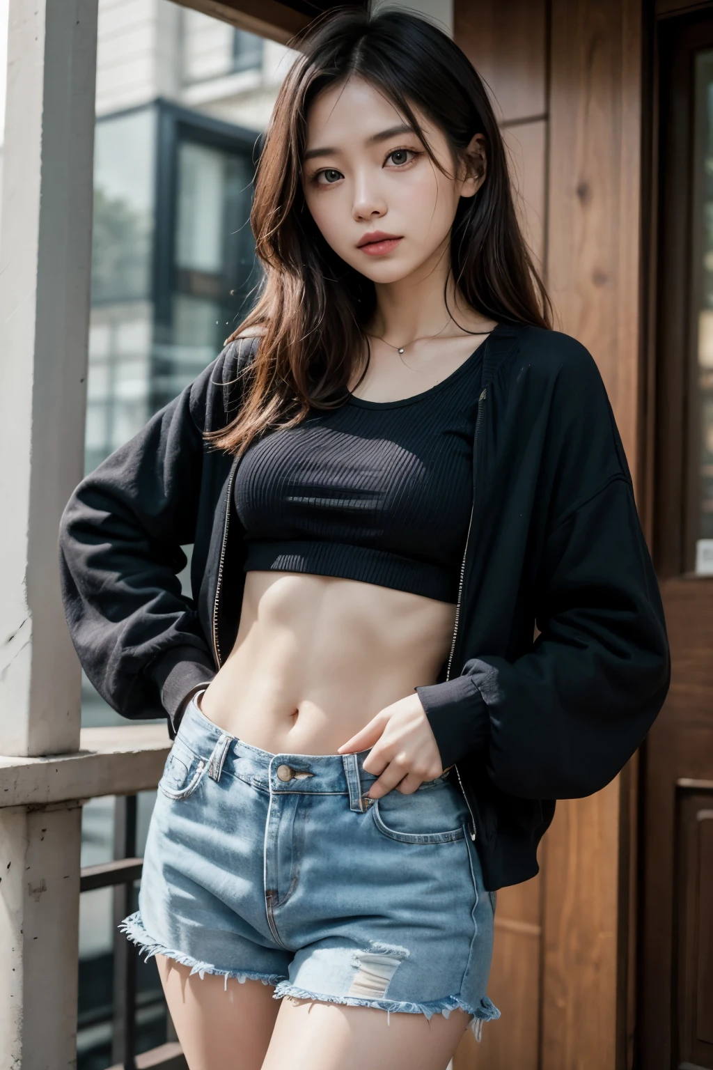 24-year-old Caucasian woman、Hair color is reddish、Hair is wavy、Eye color is blue、Longhaire、A slender、a smile、Beautiful breasts、My abs are cracked、I can see the navel、She is wearing a T-shirt that shows her underboob、I'm wearing a miniskirt、Wearing a jacket、I'm wearing pin heels、Standing against an old concrete wall、a smile