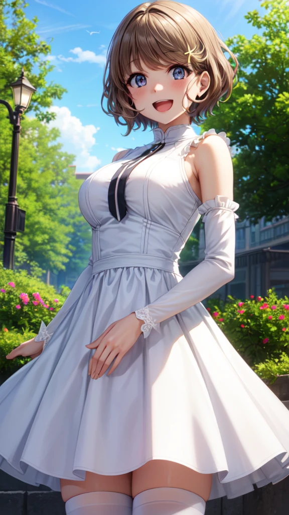 ((Super detailed, masterpiece, Highest quality))pure white dress,胸元がはっきり見えるpure white dress:1.3,Full body FF7 Aerith, One girl, alone, Single Blade, Green Eyes, Brown Hair,Beautiful and sexy body shape,Beautiful legs,Gray wall
