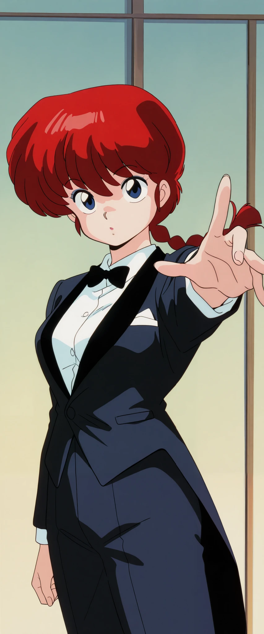 masterpiece, best quality, newest, absurdres, highres, slidlock, wallpaper,detailed eyes, beautiful, detailed background, perfect eyes, anime coloring, retro artstyle, 1990s \(style\), 1girl, solo, ranma-chan, red hair, long hair, single braid, blue eyes, medium breasts, tuxedo tailcoat, woman wearing A tuxedo tailored,, reaching to viewer