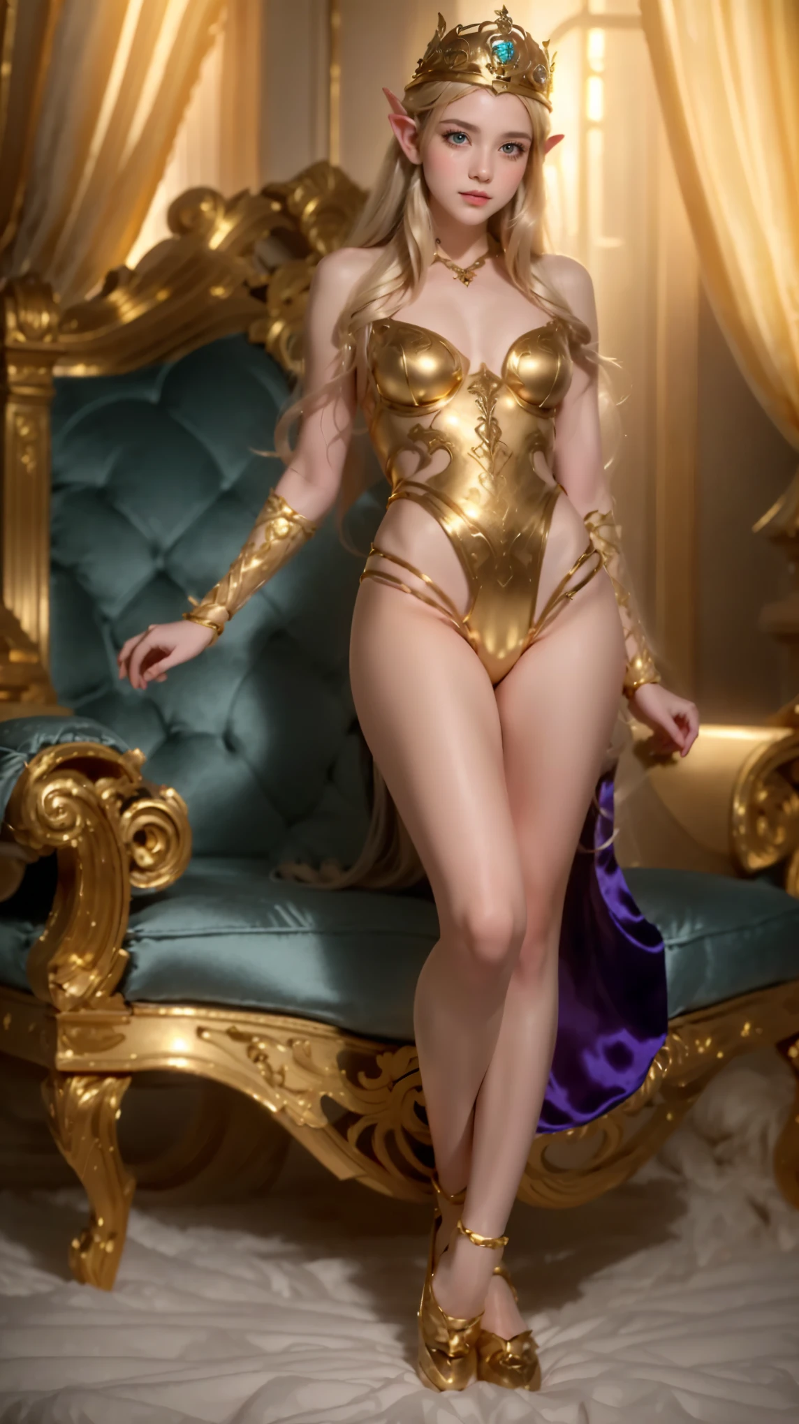  blonde woman in a purple and gold costume poses on a bed,  glamorous elegant cosplay  , ornate cosplay, cosplay glamouroso, Lux de League of Legends, Deusa cinematográfica de  full body costume  ,  fancy dress , Amouranto as a supervillain , golden clothes, Amouranto,   seductive princess elf knight  ,  cinematic shot of goddess , (( a beautiful fantasy Empress)),  a beautiful fantasy Empress, 
([ long hair]:1.8), ( full body costume:1.8), ( upper body:0.3), (hyper realistic:1.4), (realistic:1.3), ( best quality real skin texture ),  detailed eyes ,  detailed face, Persephone, Persephone, (sfw:1.5) Hyperrealistic, LESS saggy breasts, ( small breasts:1.5), (huge legs:1.5), (LESS THIGHS:1.5),   Perfect Legs ,   Perfect Legs , legs added , legs added  e perfeitas,   shapely legs ,   shapely thighs, legs added , Smooth thighs. (  erotic pose  :1.5), (  thick eyebrows  :1.2), (Big purple eyes:1.2), (  ultra-detailed eyes  :1.4), (  high resolution eyes  :1.1), (   ultra detailed skin texture  :1.4), ( Beautiful toned body :1.1),   camel toe
