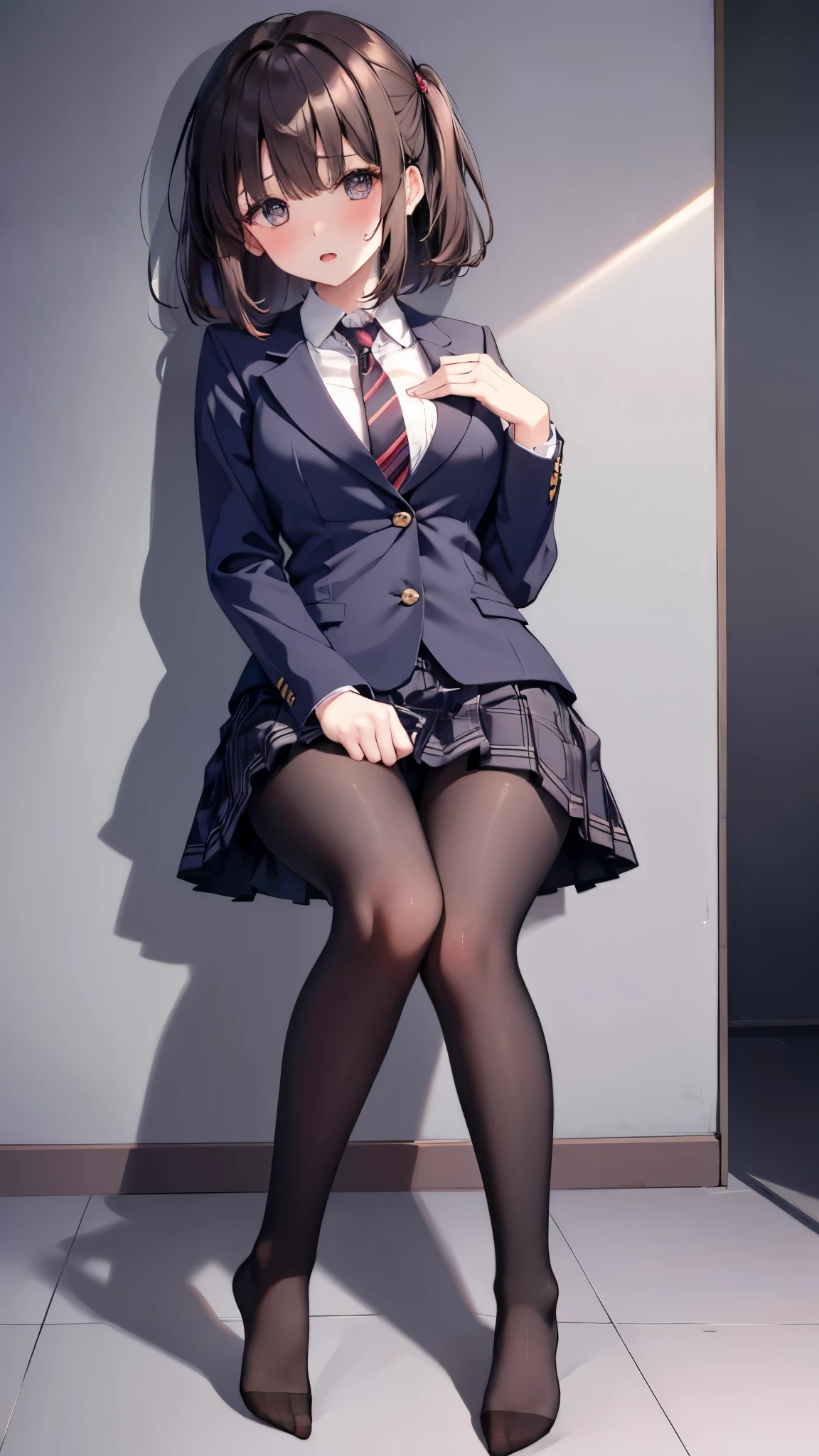 finest, masterpiece, High resolution, (Full body view from head to toe), Composition from slightly below the front, Symmetrical, 18 years old, slim and beautiful girl, alone, (small breasts), (not wearing shoes),Unkempt brown hair, bangs, (black tights), (black pantyhose), tied up with both arms hidden behind the back, , blush, shy big eyes, looking at camera, blazer uniform, plaid pleated skirt、Black knee-high socks、(sexual climax):1.2, nose blush, open mouth,Pantyhose pull、 Bare Breasts、 pull out the nipple