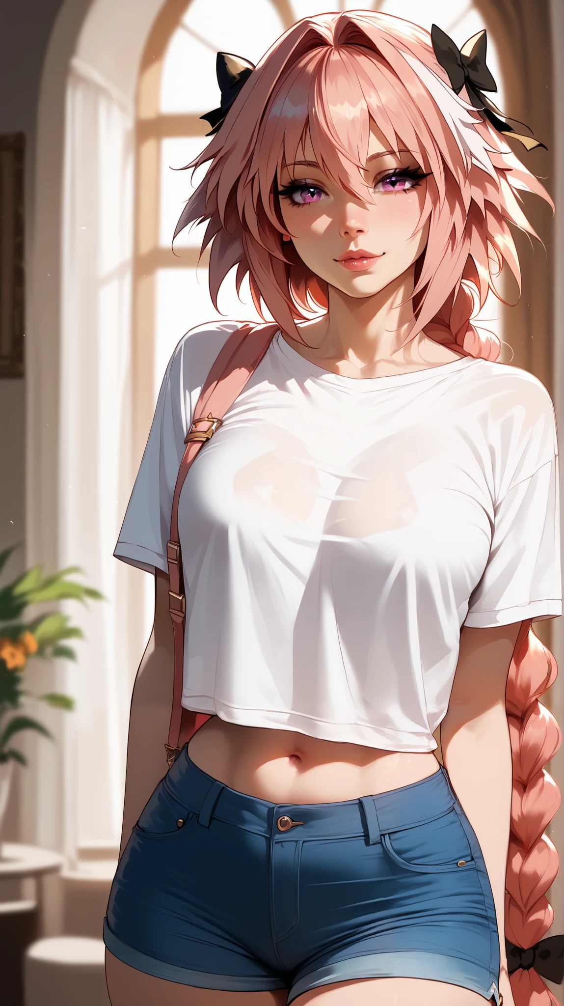 Ultra-realistic, One girl, Blonde pink hair, blue eyes, Glowing Eyes, sweater crop top, classroom, skirt, Lips parted, blush, Tinted Windows