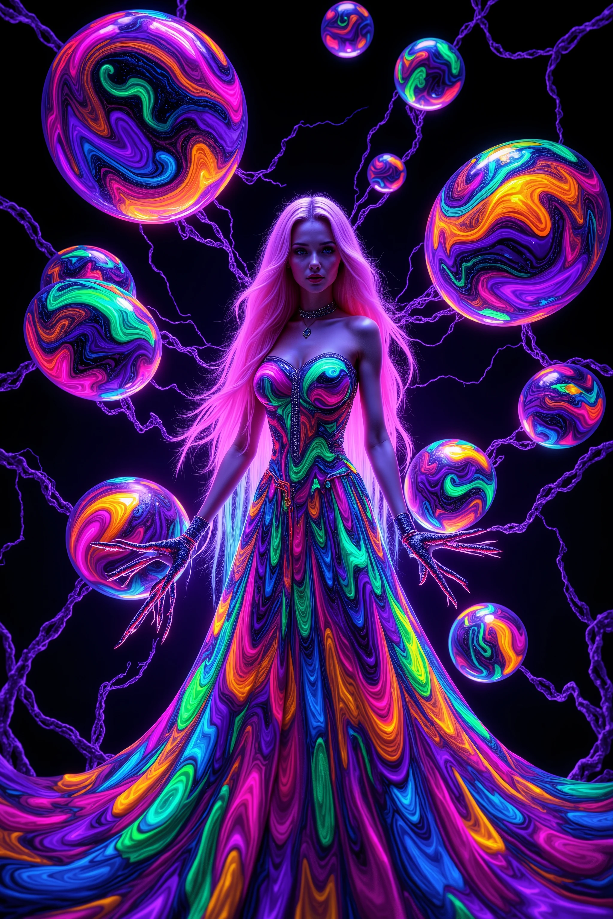 Ultraviolet bright glow and shine reflects off of all objects in this image. Fabricated Blonde young woman, very attractive, her dress is glowing within, in super bright ultraviolet light. Around her the spheres and orbs reflect vibrant colors shimmering, glass morphing from colors. Blonde poses in neon, pastel ultraviolet mud, marbled with bright multicolored paste and gel in intricate patterns that twist in and out of objects while dripping into each other, perfectly formed symmetrical spheres and glowing reflective bubbles, extreme attention to detail on the bubbles and spheres, rainbows of color twist out of translucent orbs, spilled paint and colored mud with swirling color, all black background, beautiful psychedelic digital art, pixel art, neon colors, 4d mandelbulb psychedelics, glass-like psychedelic landscape, intricate rainbow coloured environment, psychedelic underwater brightness, trails of color and light, bright fluorescent colors, psychedelic vibrant colors, bright psychedelic neon colors, colorful paint drips out of the bubbles, 3D glass spheres melting into each other spilling out colors, visually disorienting, hallucination inducing, optical illusions, startling, stunning images, awe-inspiringly, best quality cyborg girl, portrait photography, surrealism, photorealistic, hyper detailed, glass morphism, digital art, sparkle, optical illusion, glowing light, reflection light, overexposure, god rays backlighting, depth of field, rotational symmetry, UHD, high details, high quality, super detailed, best quality, award winning, Masterpiece. Spheres reflecting light everywhere and it brings out images and optical illusions for the viewer's disorienting experience of looking at it. Super bright neon flux Colors.** incorporate bright neon green, neon blue, neon purple, neon yellow, &blood red**Extreme glow and shine reflect off