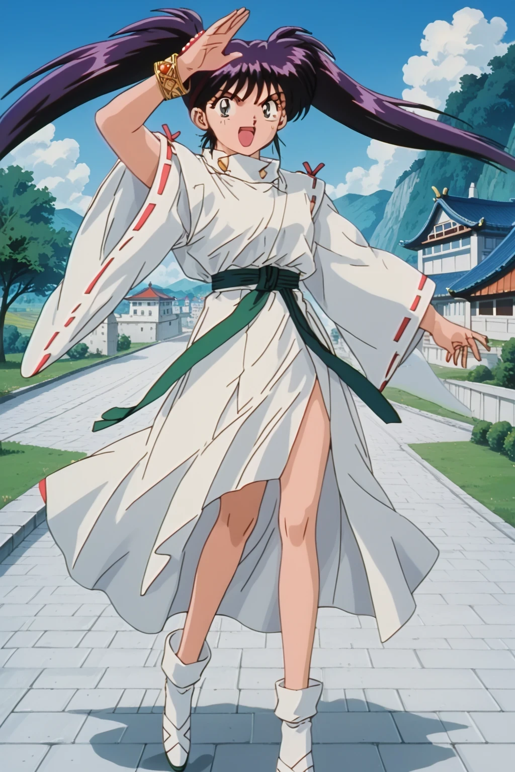 
score_9,score_8_up,score_7_up,score_6_up,score_5_up,score_4_up,source_anime,(solo:1.5), masterpiece,highest quality,Super detailed,8k,High resolution,an extremely delicate and beautiful,Official Art,Perfect Anatomy,1990s \(style\),90s anime,90s anime style,retro artstyle,Cel-shaded anime,anime screencap,anime coloring,perfect face,beautiful,sexy,athletic body,shiny skin,(scale to fit the dimensions:1.2), (outdoor:1.4), Chery , dark purple hair, bangs, twintails, long hair, dark blue eyes, medium breast, jewelry, gold bracelet, red pearls hair tie, ribbon-trimmed sleeves, green belt, white japanes clothes,((dynamic pose ,background,full body:1.5)),