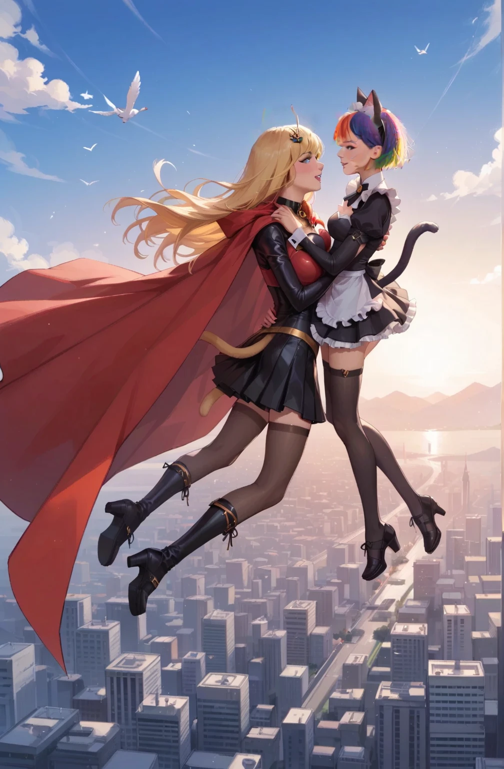 1 blonde girl and 1 middle-aged man , The background is a modern city , Girl 12 years old Medieval style armor Lolligirl Blonde twintails , riding piggyback, Full body shot , Wide Shot , Photo taken from the front ,Girl poses with her left hand pointing forward ，Girl riding piggyback with an excited expression