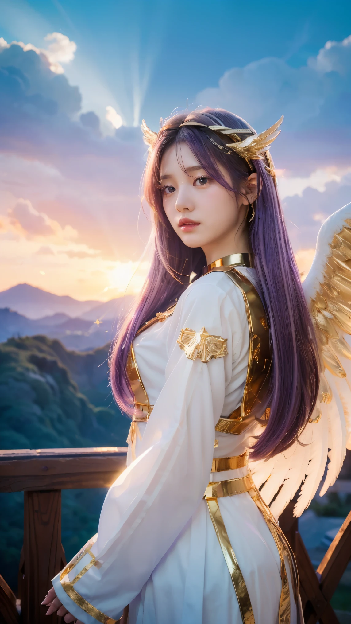 ((Masterpiece, best quality, very detailed), Volumetric light, surrounding occlusion, colorful, glow),
1 woman, alone, young girl, (purple hair), long hair, radius, Aura, sacred, goddess, Priest uniform, (White dress with gold decorations:1.3), angel wings,
outdoor, sunset, sky, cloud, space, (Fantasy Theme:1.2),