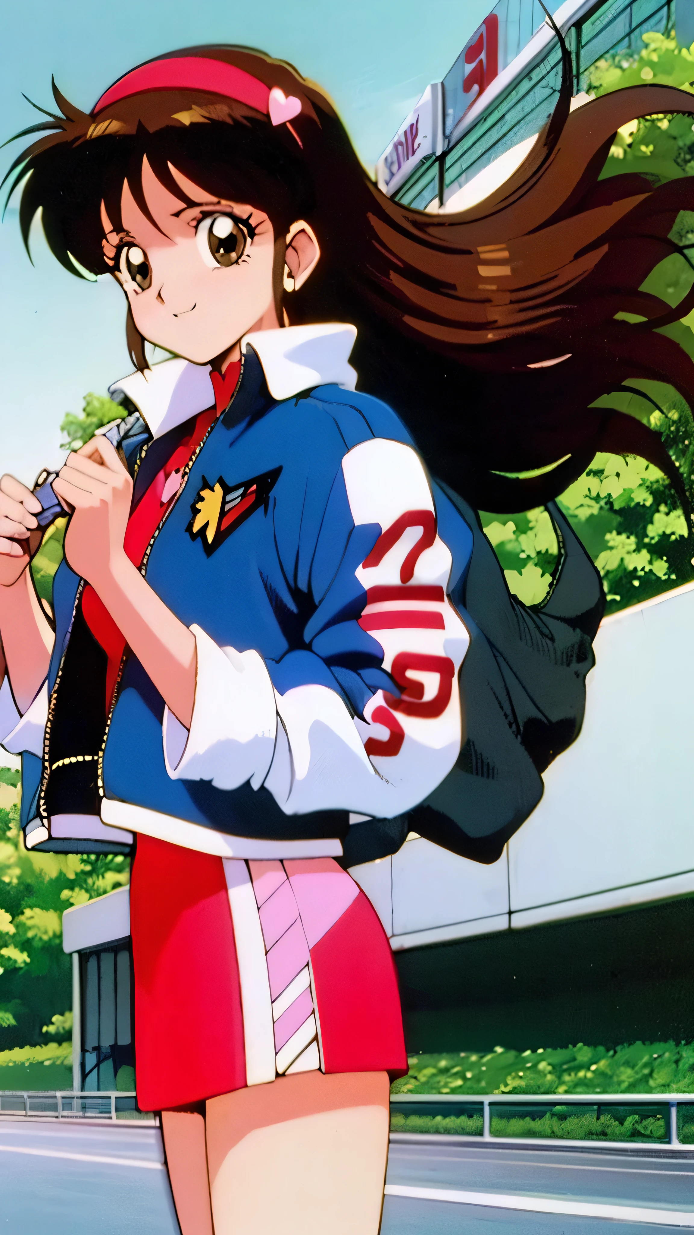 Asusdol, One Girl , Alone, green eyes, heart, hair ornament, jacket, red dress,retro art style for stilets, 開いた口, 1990s ( style for stilets), looking at viewer, smile, outdoor, null, cowboy shot , clevis cut out, race queen
